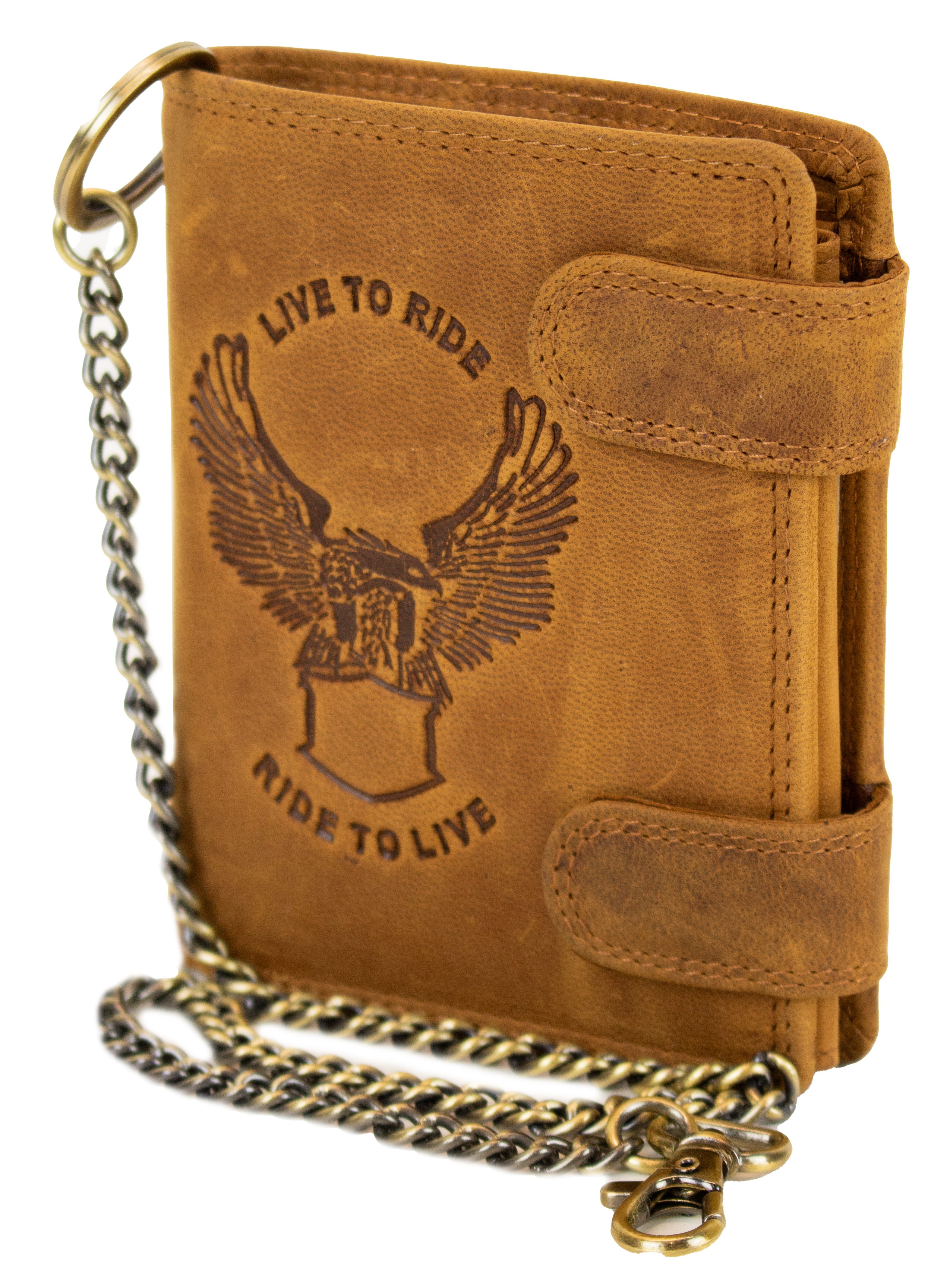 MDM Brieftasche Biker Geldbörse aus echtem Leder mit Metallkette und Adler-Prägung, 100 % Rindsleder Vintage-Design