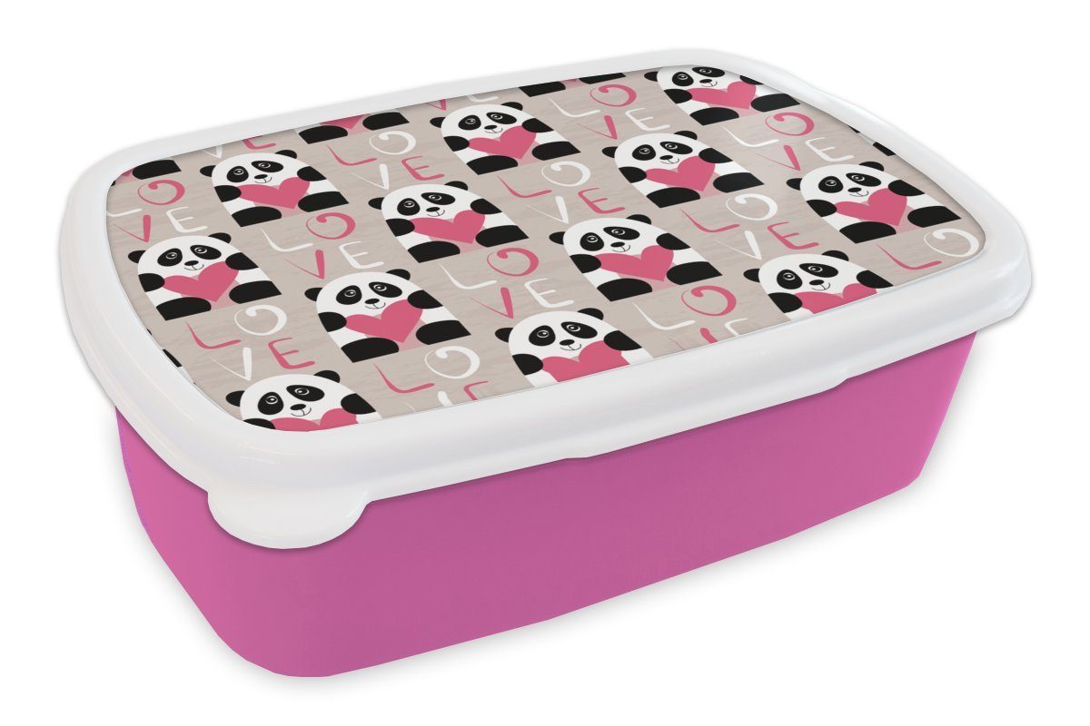MuchoWow Lunchbox Herzen - Panda - Muster, Kunststoff, (2-tlg), Brotbox für Erwachsene, Brotdose Kinder, Snackbox, Mädchen, Kunststoff rosa