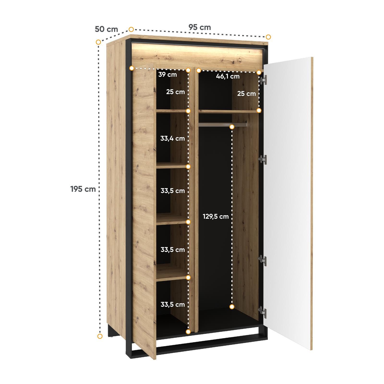 HAUSELEMENT Kleiderschrank QUANT QA-01 Drehtürenschrank LED-Beleuchtung 2 Türen Schrank 95 x 195 cm