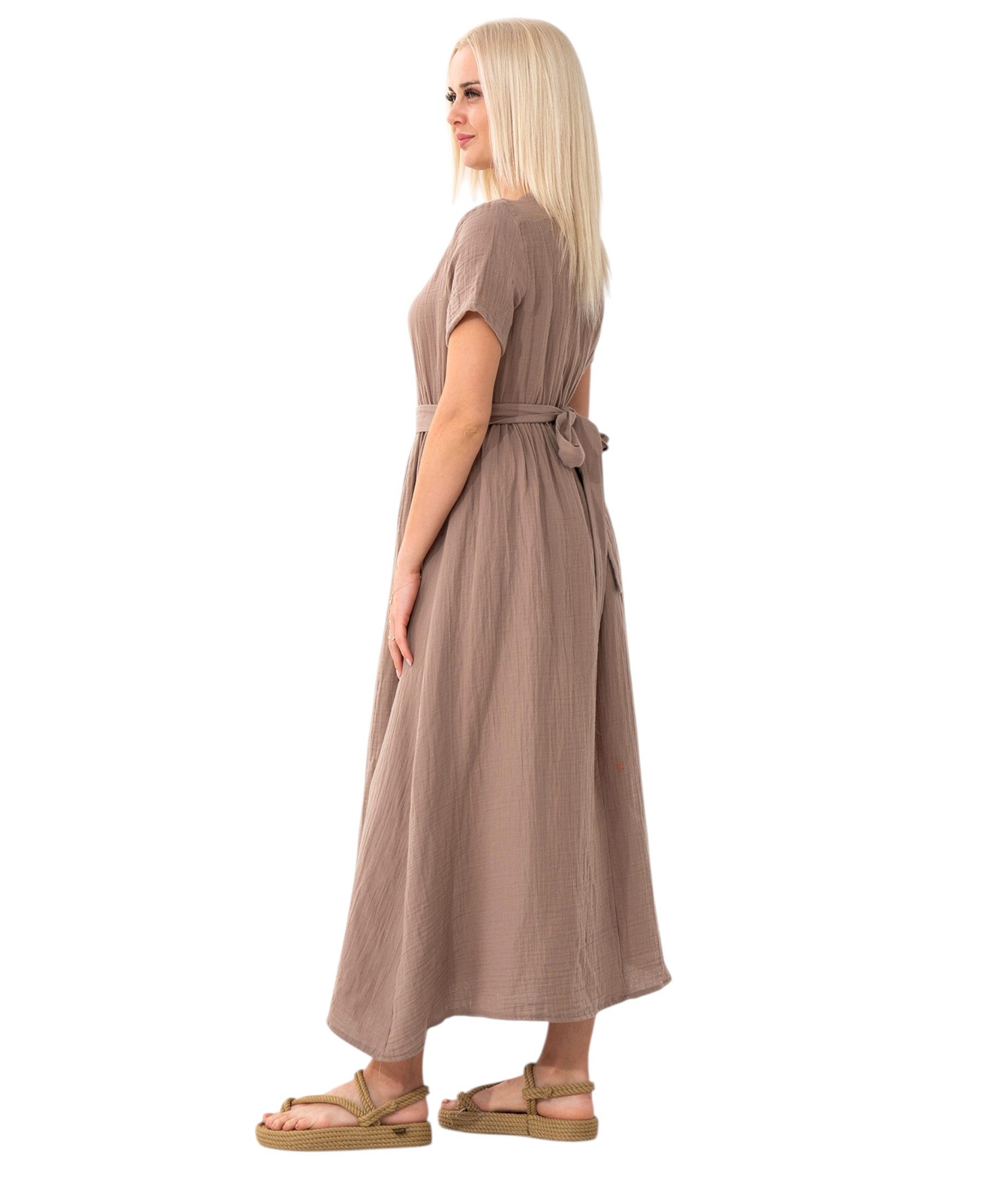 WENOR Sommerkleid Musselin Boho Kleid mit Knopfleiste & Taillenband, Freizeitkleid (1-tlg) Vorn mit Holzknöpfen, Bindegürtel an der Taille – Bild 4 von 5