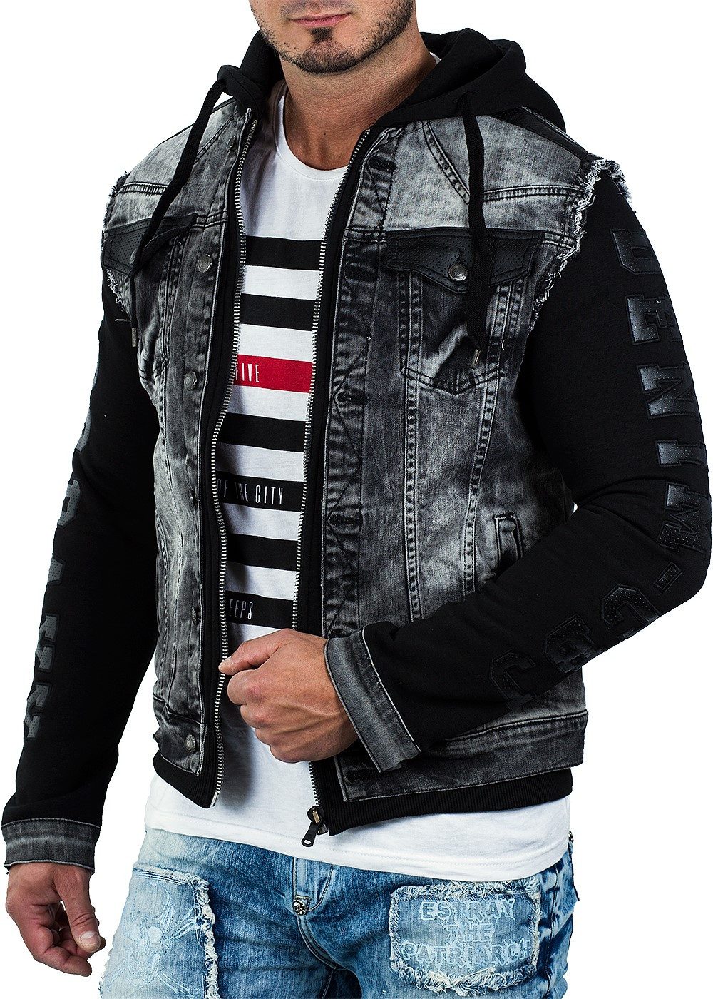 Cipo & Baxx Jeansjacke Herren Regular Fit Jacke Denim BA- im auffälligen Design mit Nieten und Zippern