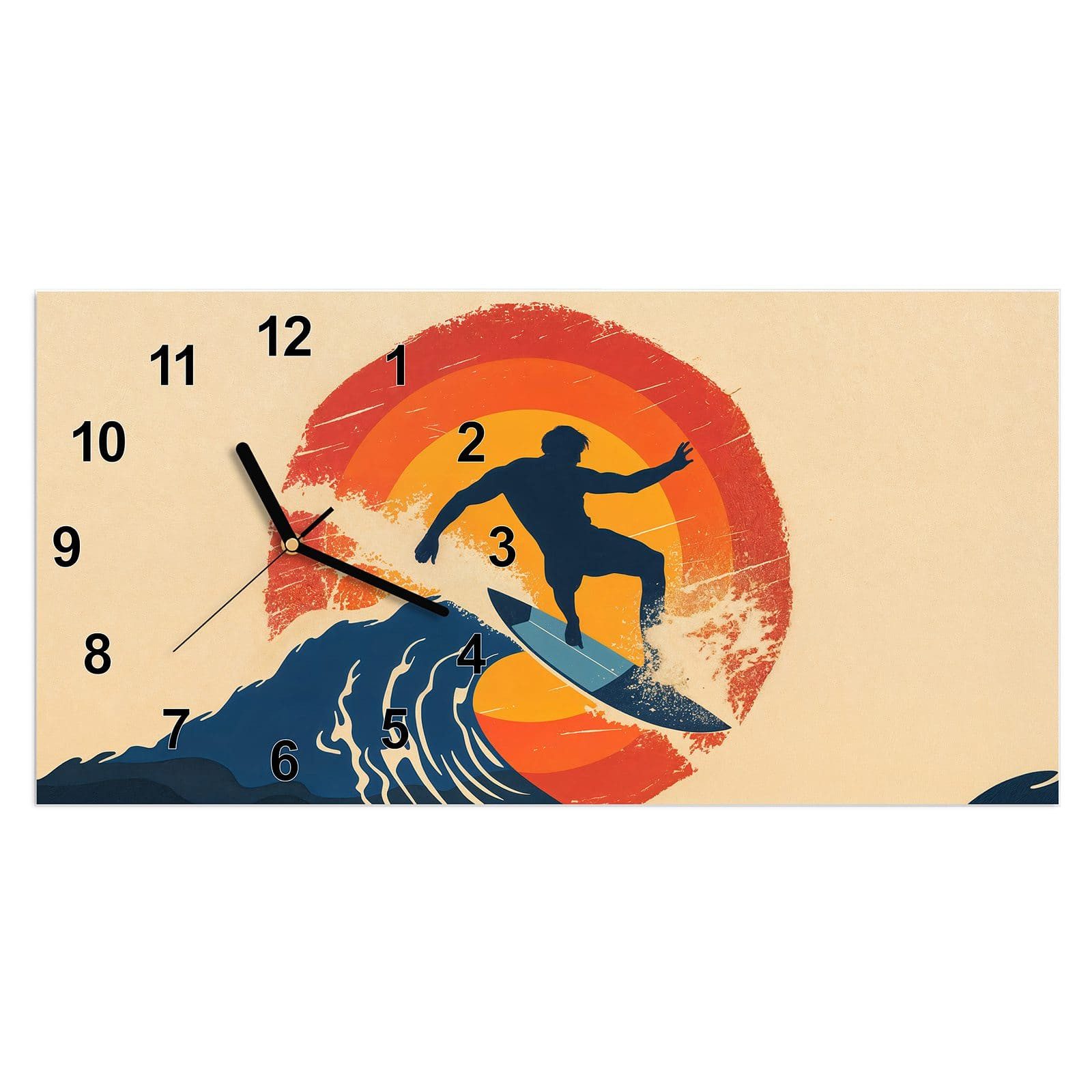 Wanduhr Glasuhr Wandkunst Größe 60 x 30 cm mit Motiv Surferwelle