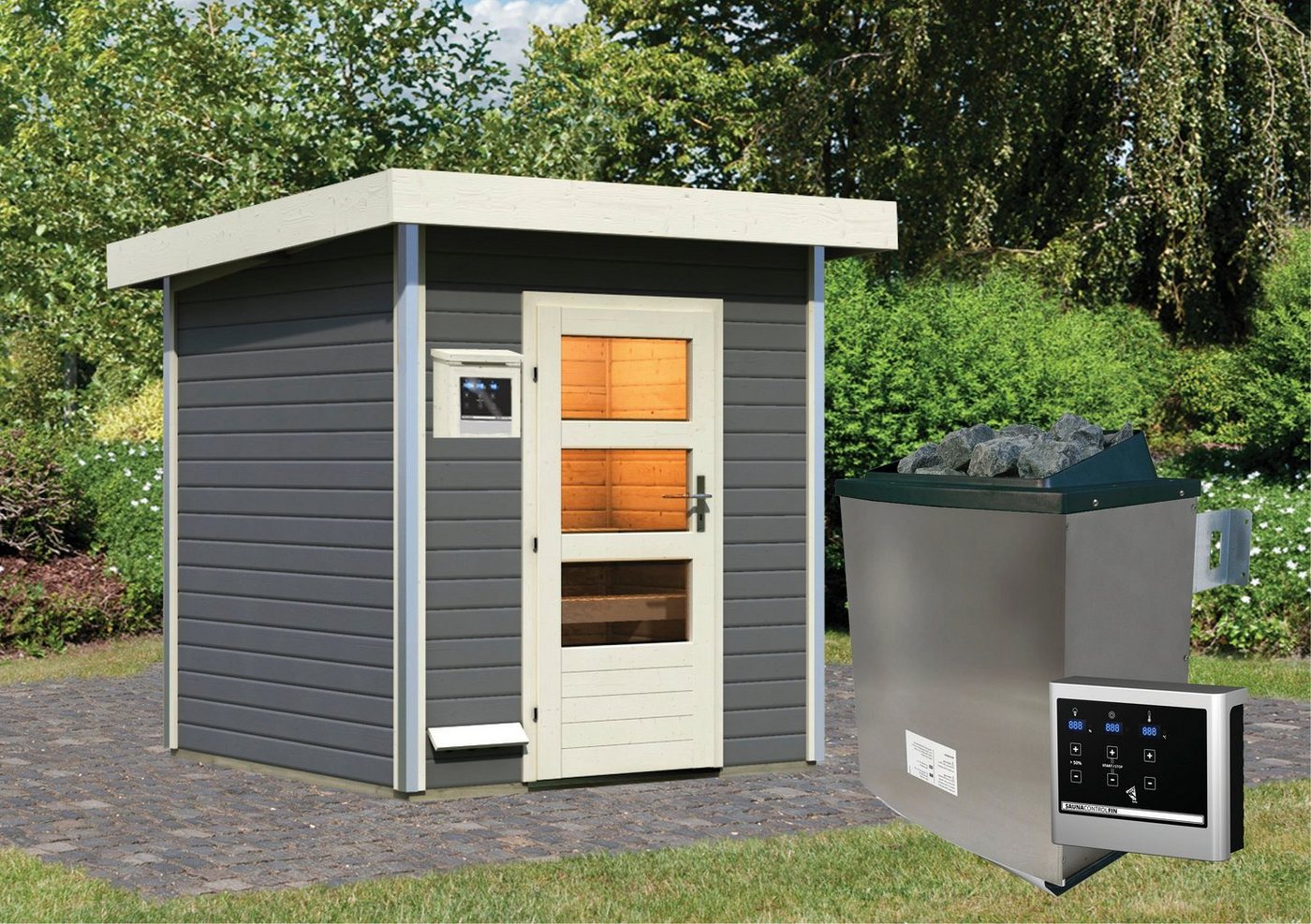 Thumbnail - Karibu Saunahaus Klaas, BxTxH: 196 x 196 x 228 cm, 38 mm, (Set) moderne Tür, Ofen 9 KW externe Strg easy