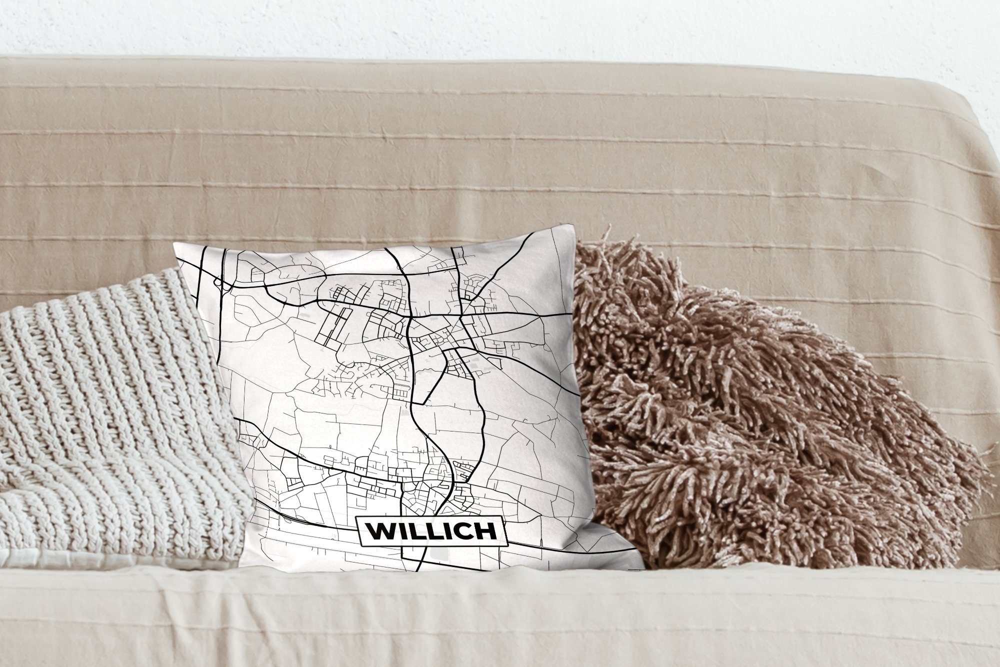 MuchoWow Dekokissen Willich mit Schlafzimmer, Wohzimmer, Zierkissen - Deko, - Sofakissen Stadtplan, Karte Füllung für