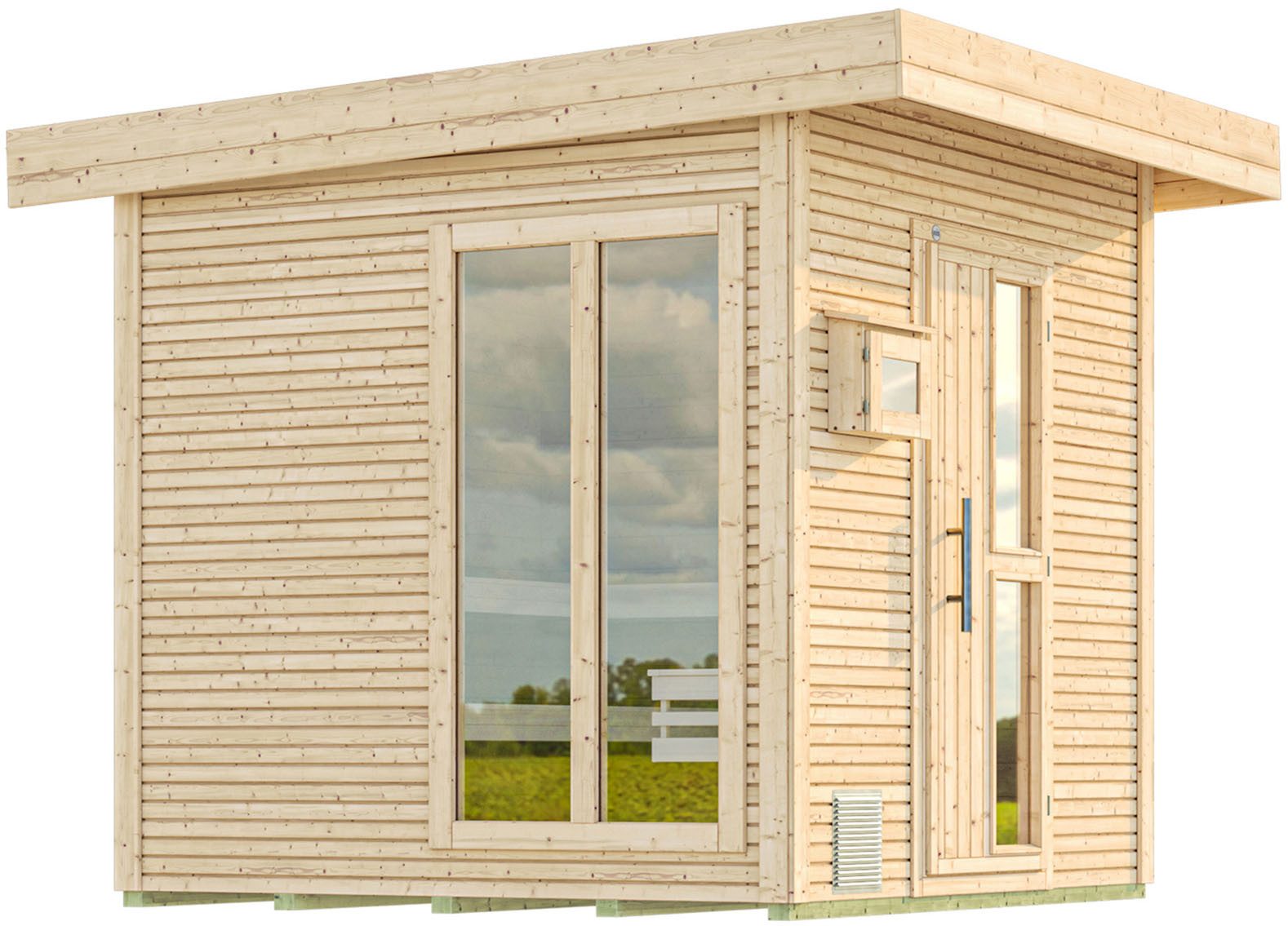 weka Saunahaus Design-Saunahaus KUOPIO 2, BxTxH: 263 x 303 x 253 cm, 45 mm, Blockbohlen im wekaLine-Profil, bodentiefes Fensterelement