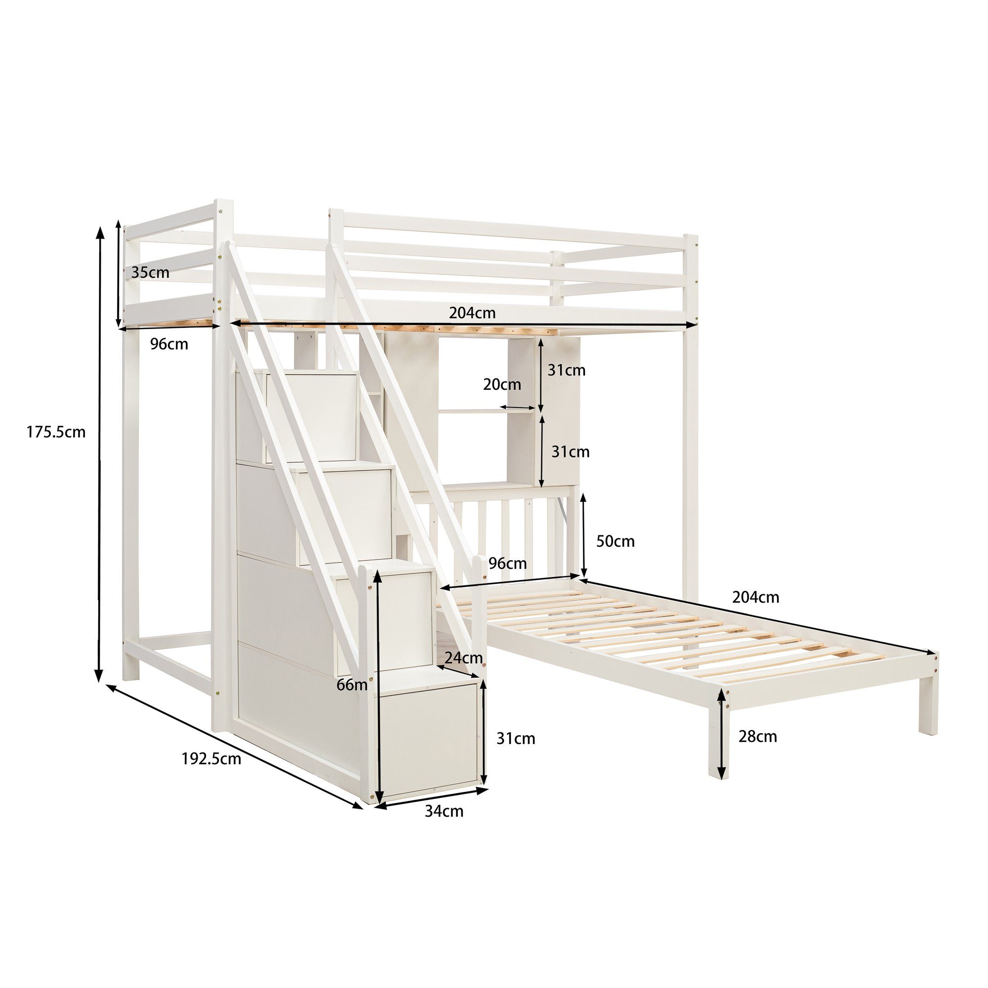 Flieks Etagenbett, Kiefernholz Kinderbett mit und Schreibtisch 90x200cm Treppe