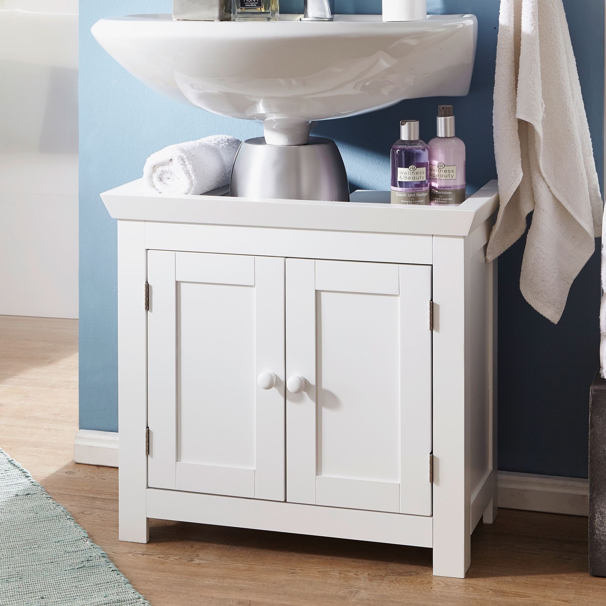FINEBUY Waschbeckenunterschrank FB37103 (Badunterschrank mit 57x55,5x30 Badschrank 2 cm Türen) Waschtischunterschrank Modern, Stehend Weiß
