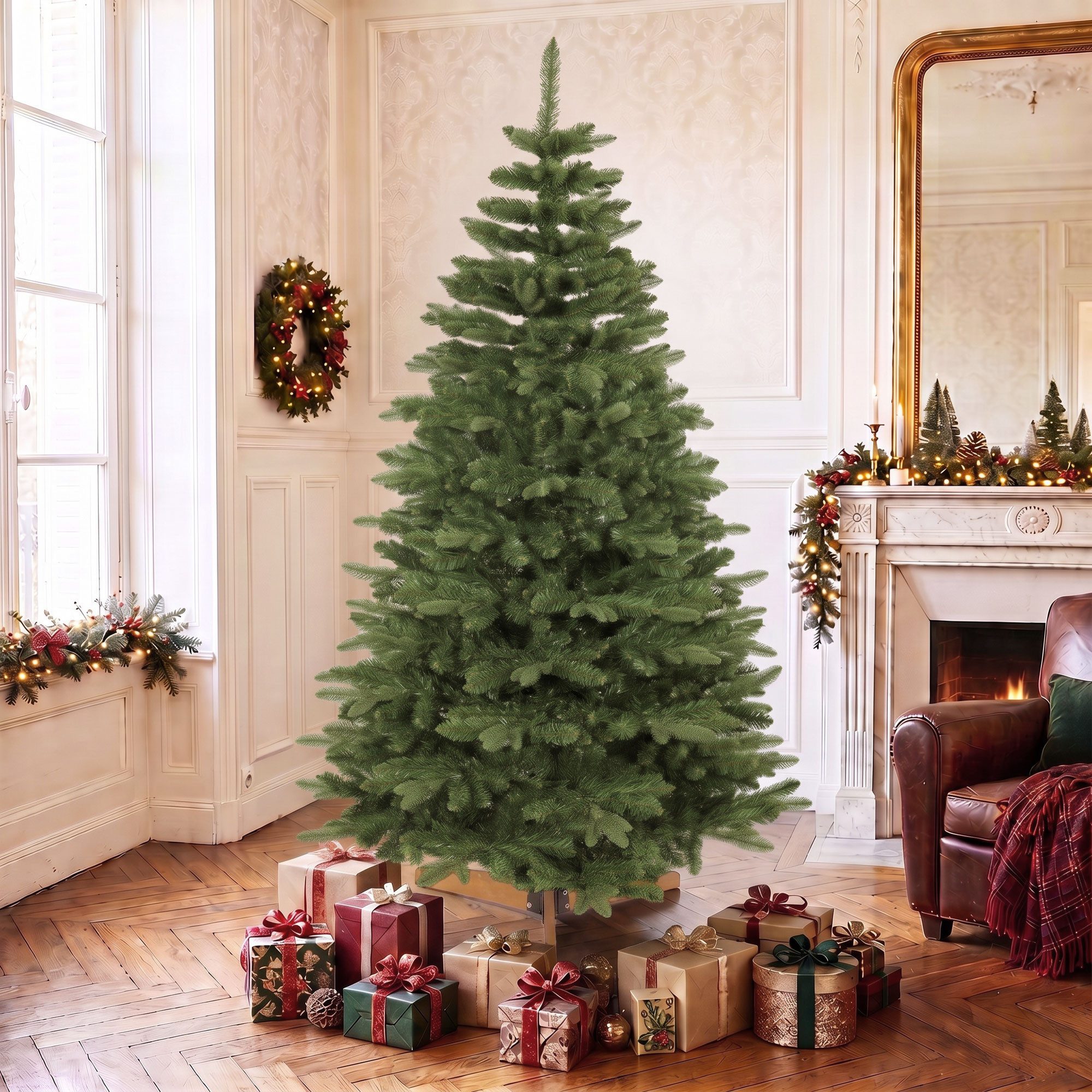 HOMCOM Künstlicher Weihnachtsbaum Christbaum 180 cm mit 961 naturgetreuen Spitzen, Edeltanne, Klappäste, flammhemmend, Holzständer