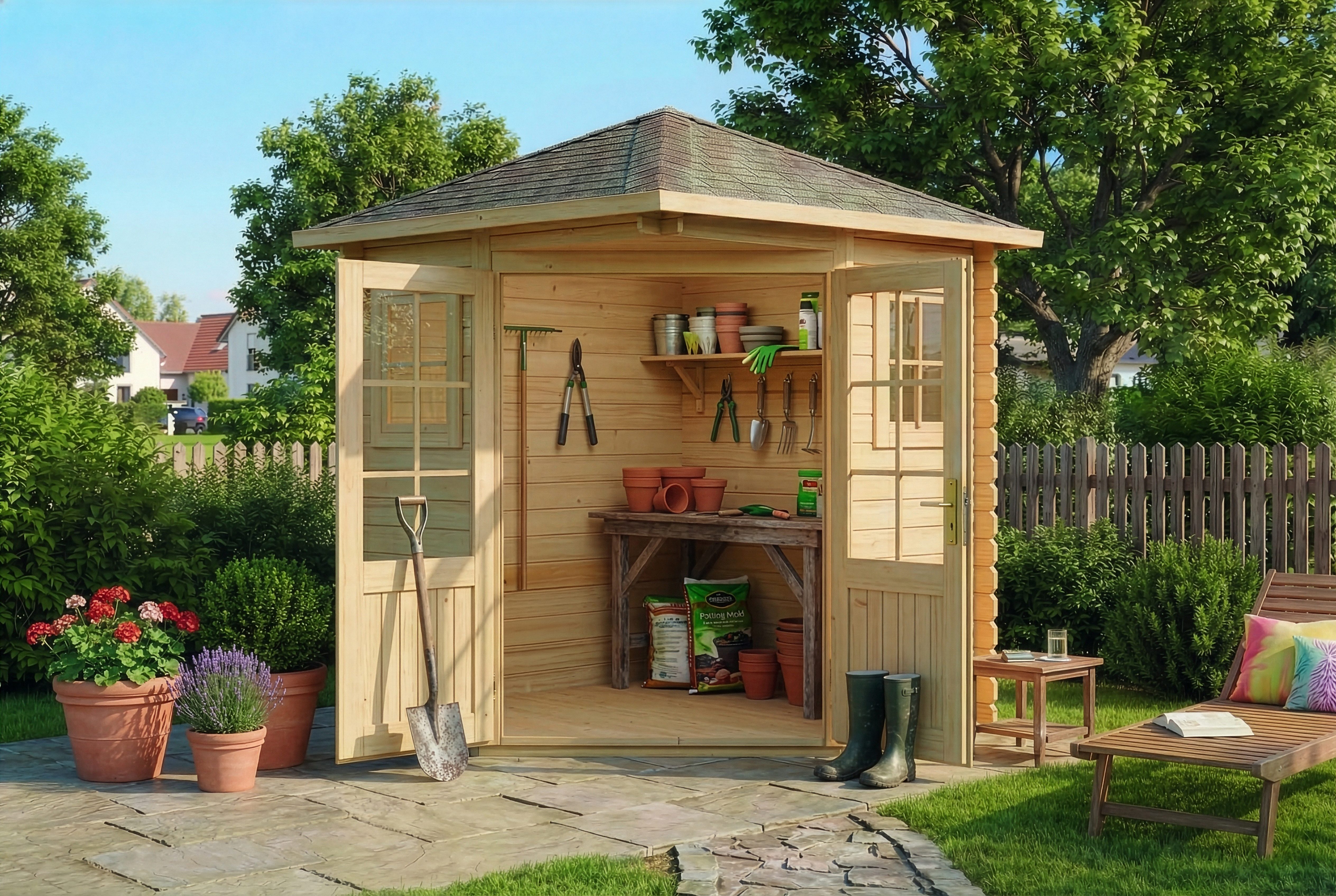 Alpholz Gartenhaus Holz 5-Eck Sunny A, BxT: 220x220 cm, in Naturbelassen mit 28mm Wandstärke