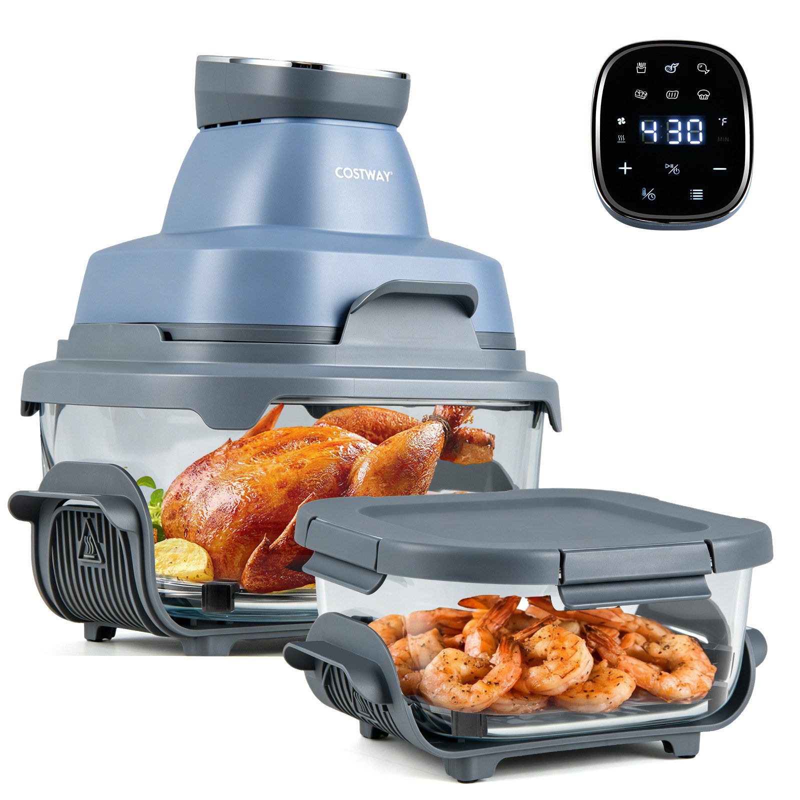 COSTWAY Heißluftfritteuse, 1500 W, Airfryer mit 4 L/1,7 L Glasbehälter, Deckel