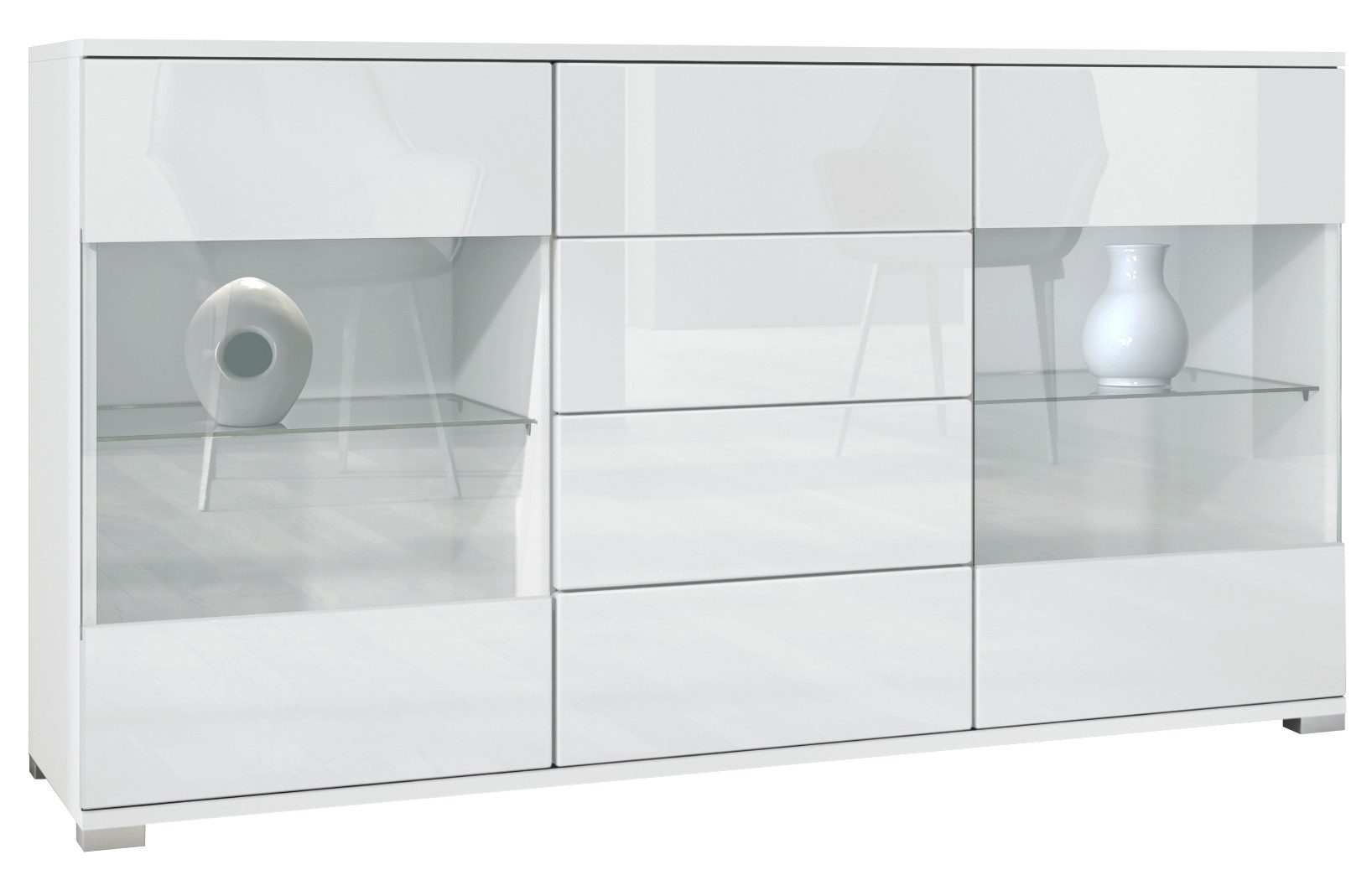 Vladon Sideboard Bari V1 (Kommode mit 2 Türen, 4 Schubladen und 2 flexible Glaseinlegeböden), Weiß matt/Weiß Hochglanz (138,5 x 75,5 x 35)