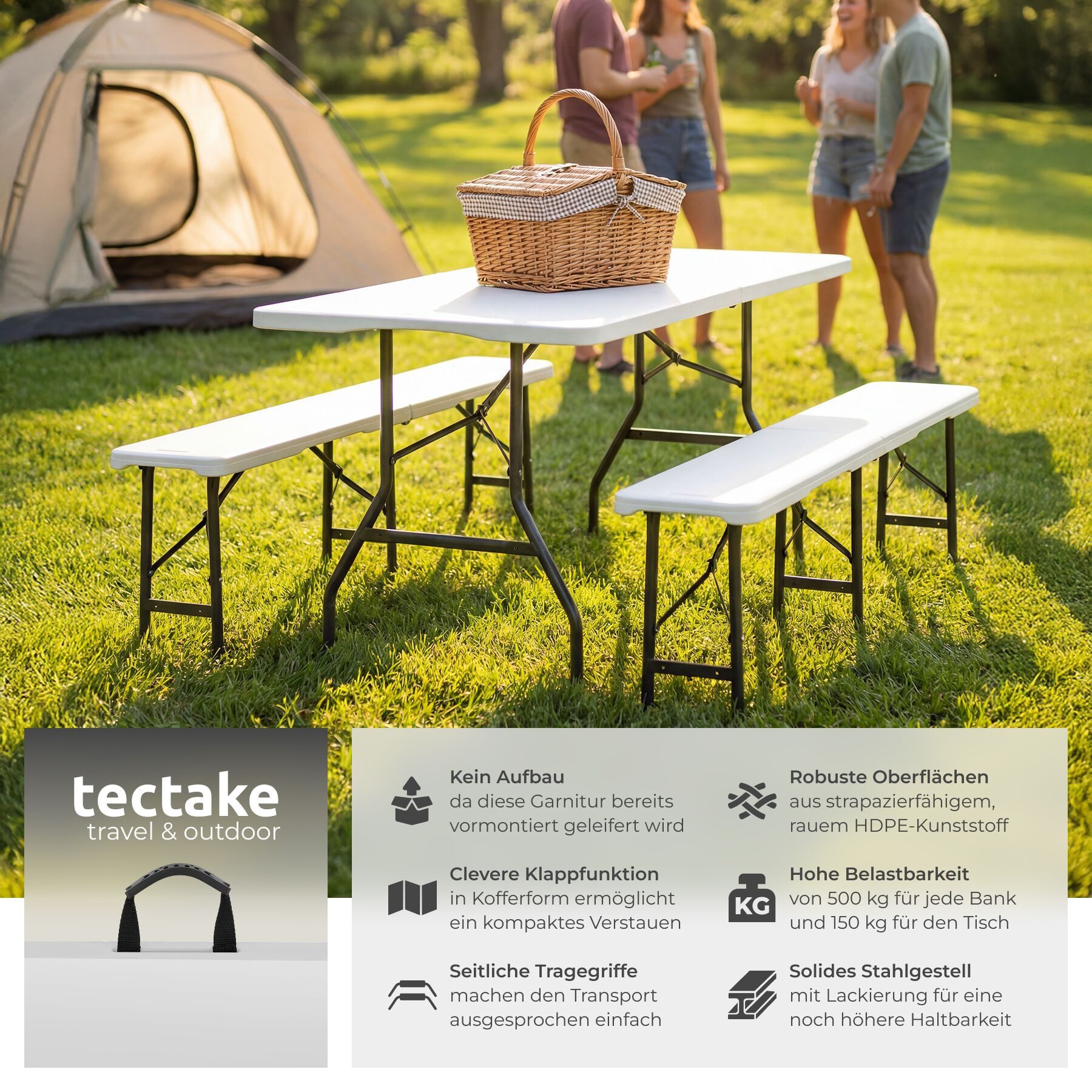 tectake Bierzeltgarnitur Camping-Klapptisch, inklusive Tragegriffen, lässt sich klappen, (Outdoor-Tisch Panja, 3-tlg., in weiß), Kunststoff, hohe Belastbarkeit, bodenschonende Kunststoffkappen