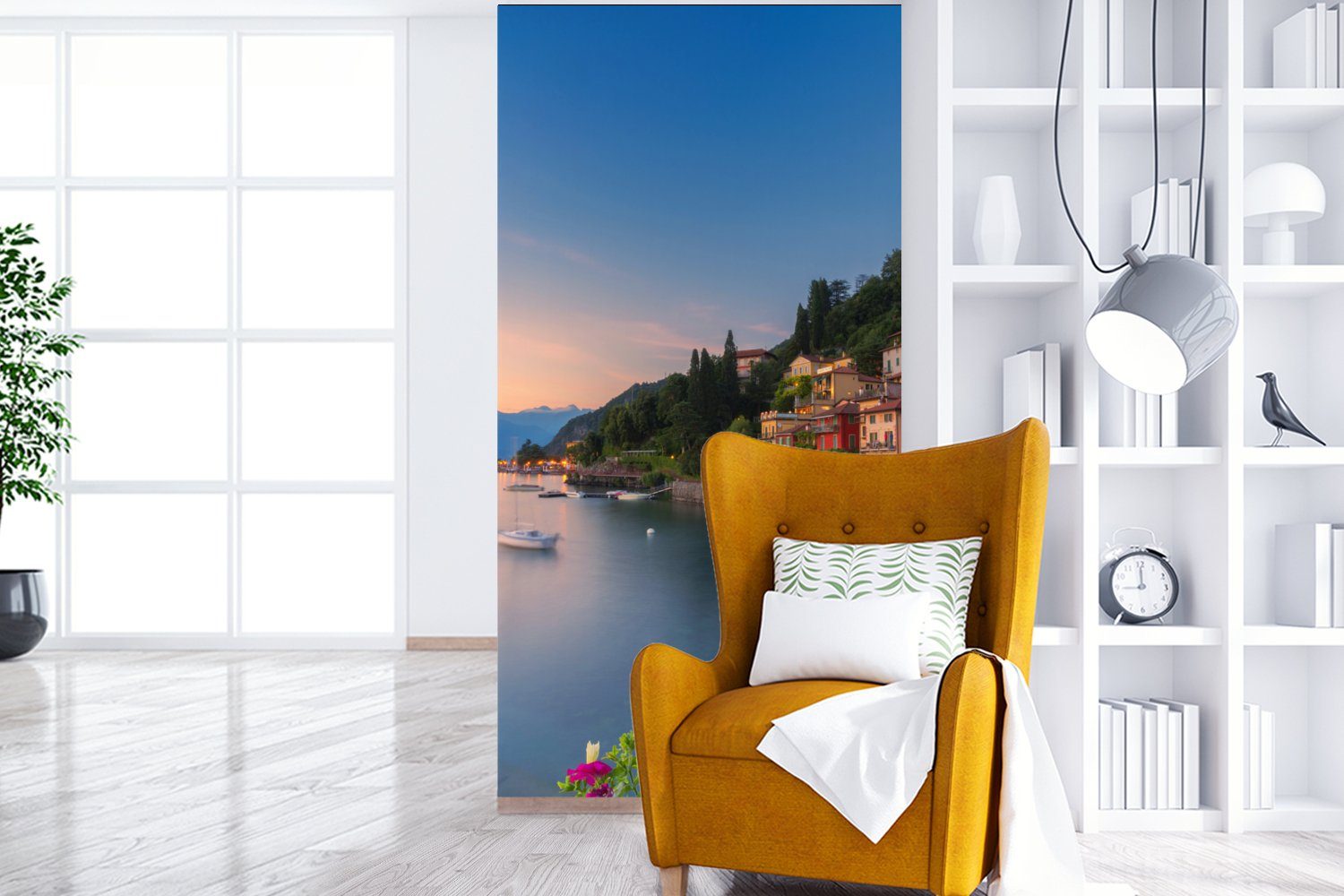 - Fototapete Küche, (2 St), Wohnzimmer Vliestapete Italien - Fototapete für MuchoWow bedruckt, See, Schlafzimmer Matt, Sonnenuntergang