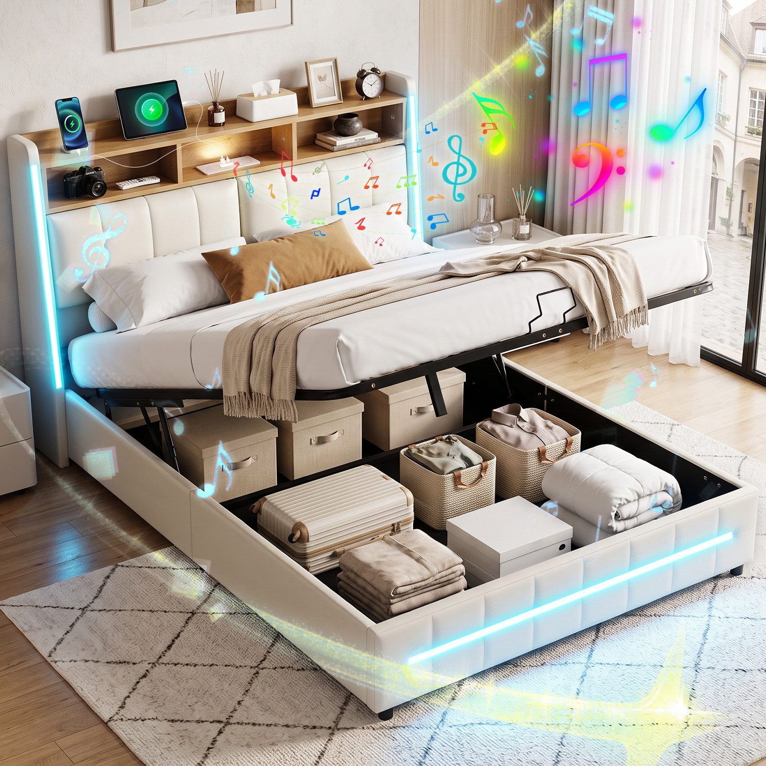 oyajia Polsterbett 140x200 cm Stauraumbett LED Doppelbett (Mit LED und USB & Type-C Ladeanschluss, Bluetooth-Lautsprecher, verstellbares …