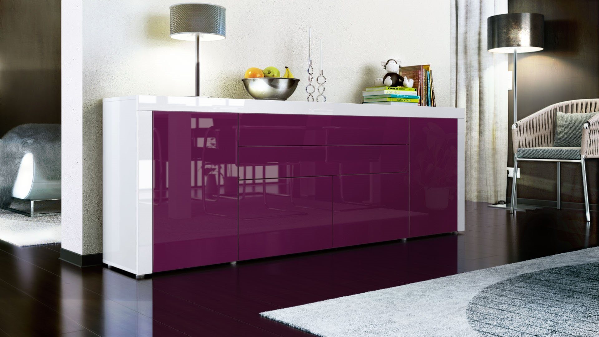 Vladon Sideboard La Paz V2 (Kommode, mit 2 Türen, 2 Schubkästen und 2 Klappen), Brombeer Hochglanz/Weiß Hochglanz (200 x 72 x 35 cm)