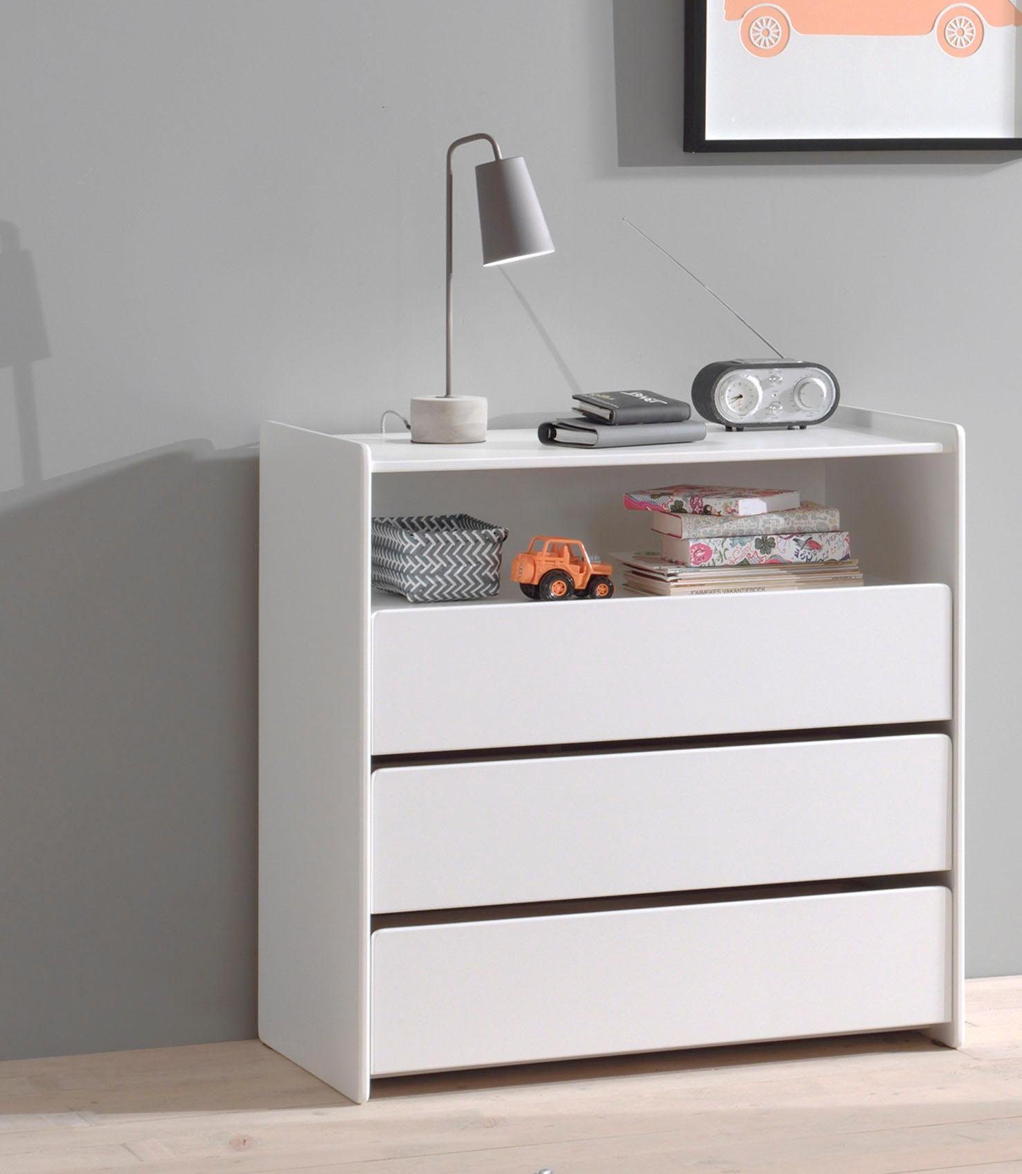 Vipack Schubkastenkommode Kiddy, mit 3 geräumigen Schubladen und 1 offenen Fach (B/H/T ca. 90x92x47cm, Kanten gerundet, MDF weiß lackiert), Schubladen mit Soft-Close, universell einsetzbar