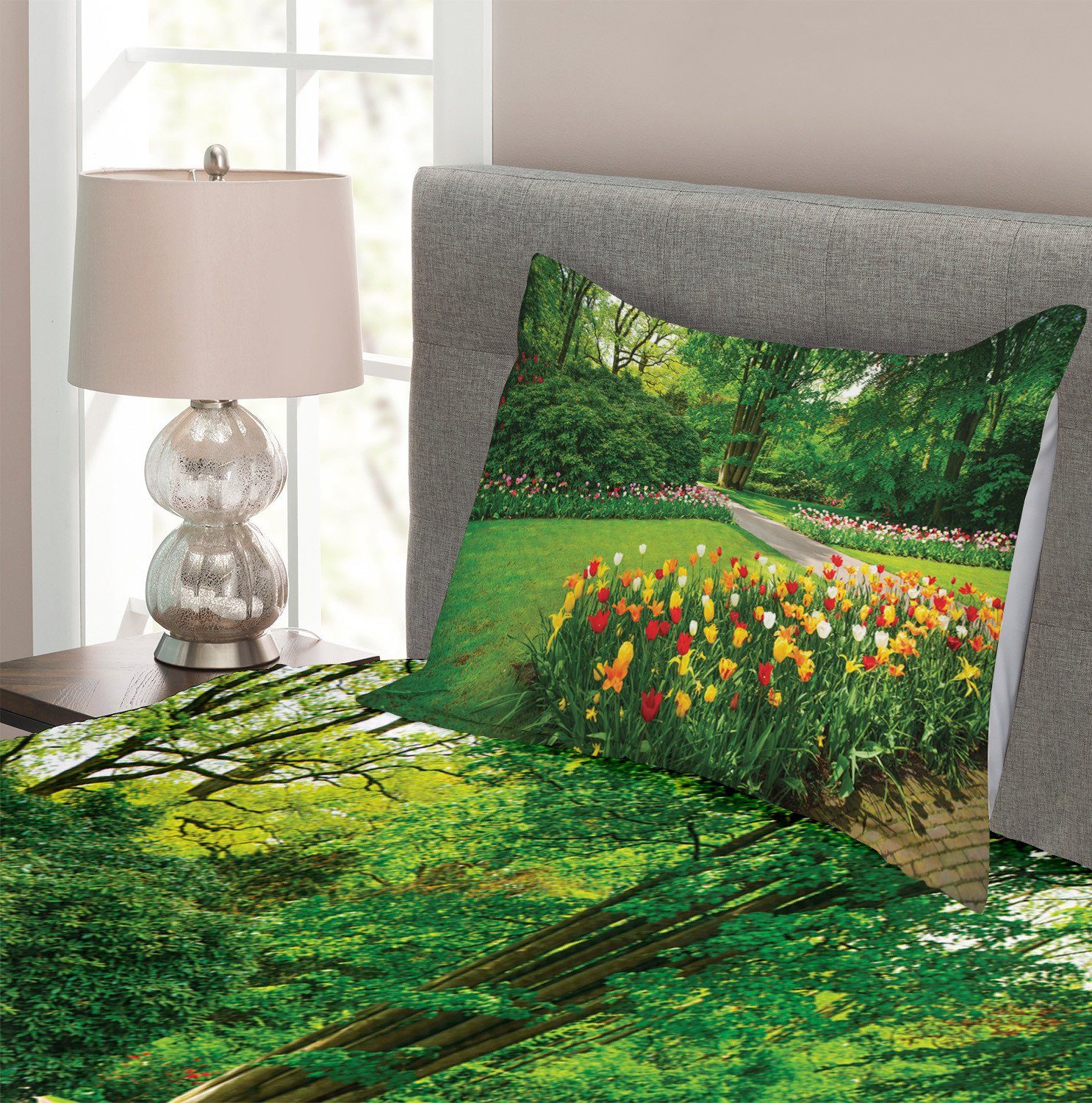 Set Abakuhaus, mit Kissenbezügen mit Bäume Waschbar, Frühling Tulpen Tagesdecke Garten