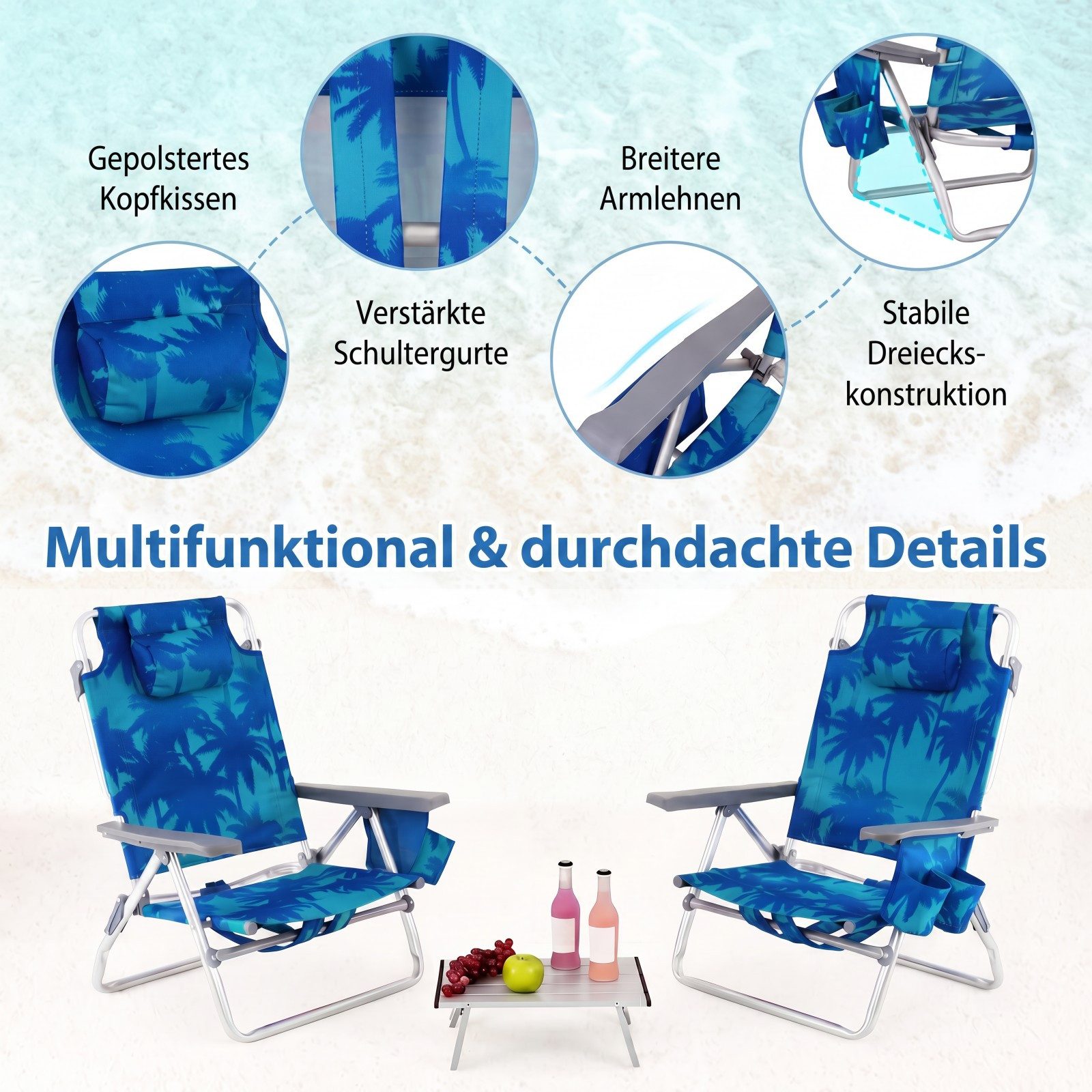 COSTWAY Gartenliege, 3 St., Strandstühle mit Tisch, klappbare Campingstühle