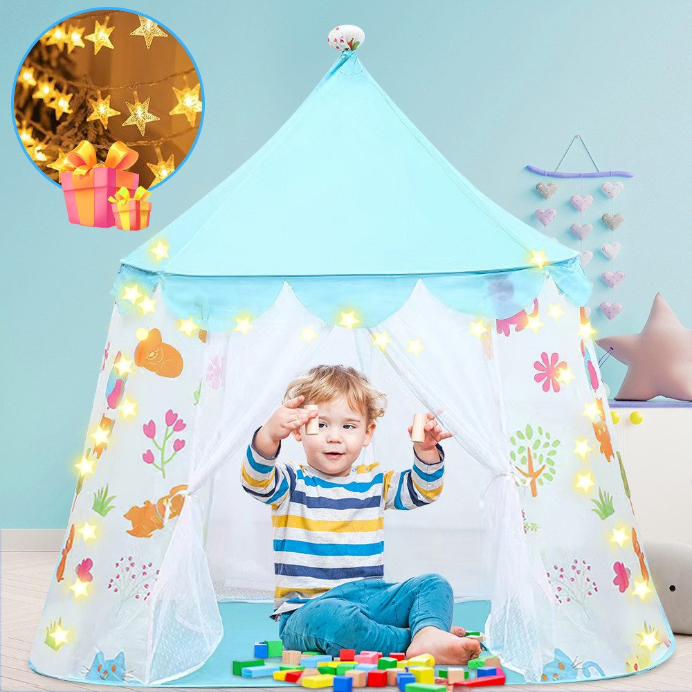 MOPUEA Spielzelt Spielzelt Kinderzelt mit Stern Lichterkette Innen und Außenzelte blau (1-tlg., 125×105×135 cm) ideal für Spielzimmer, Schlafzimmer oder Wohnzimmer.