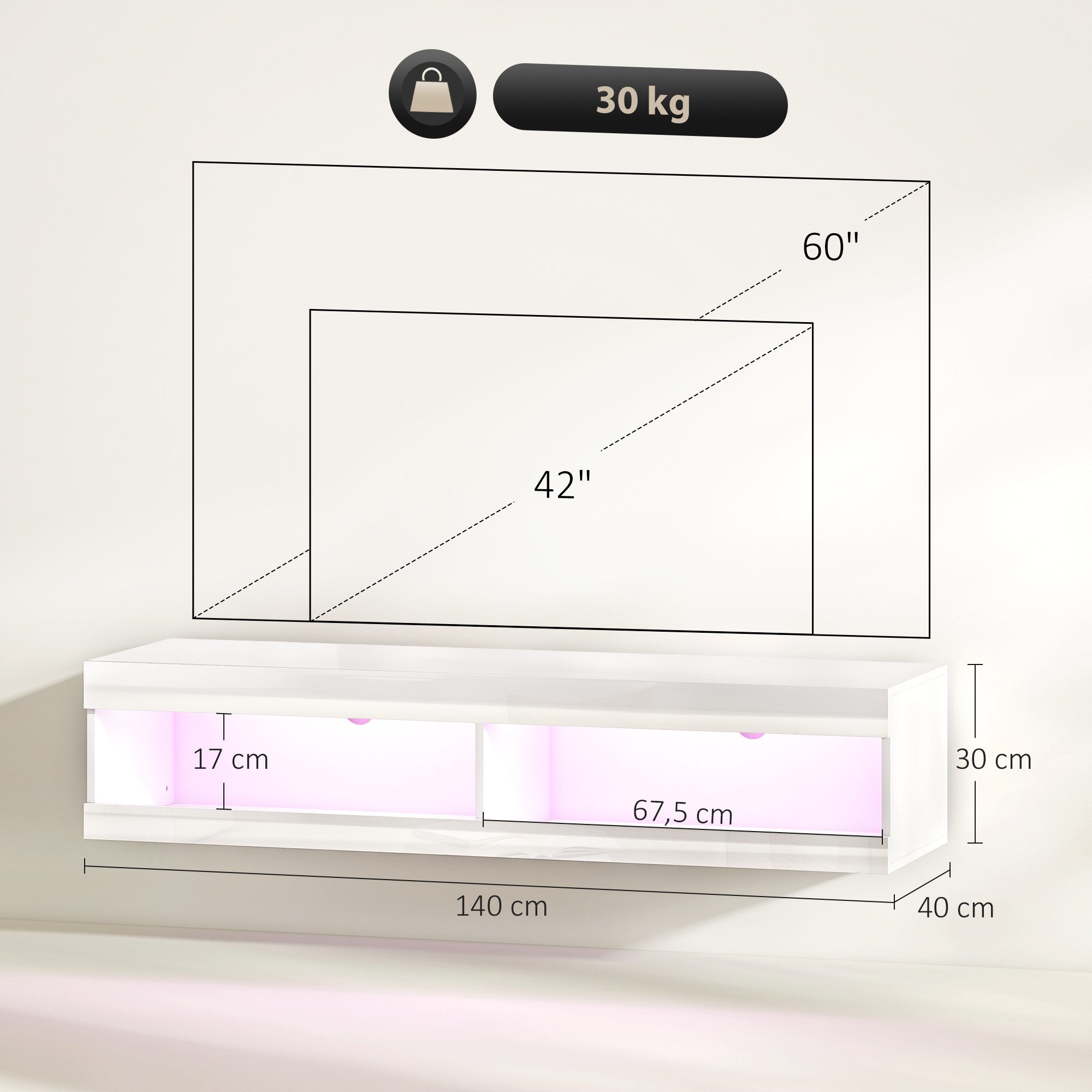 HOMCOM TV-Board mit RGB LED-Beleuchtung (16 Farben) (Hängender TV Schrank, 1 St., TV Lowboard), mit offenen Stauraum, für 55-60 Zoll Fernseher, Hochglanzweiß