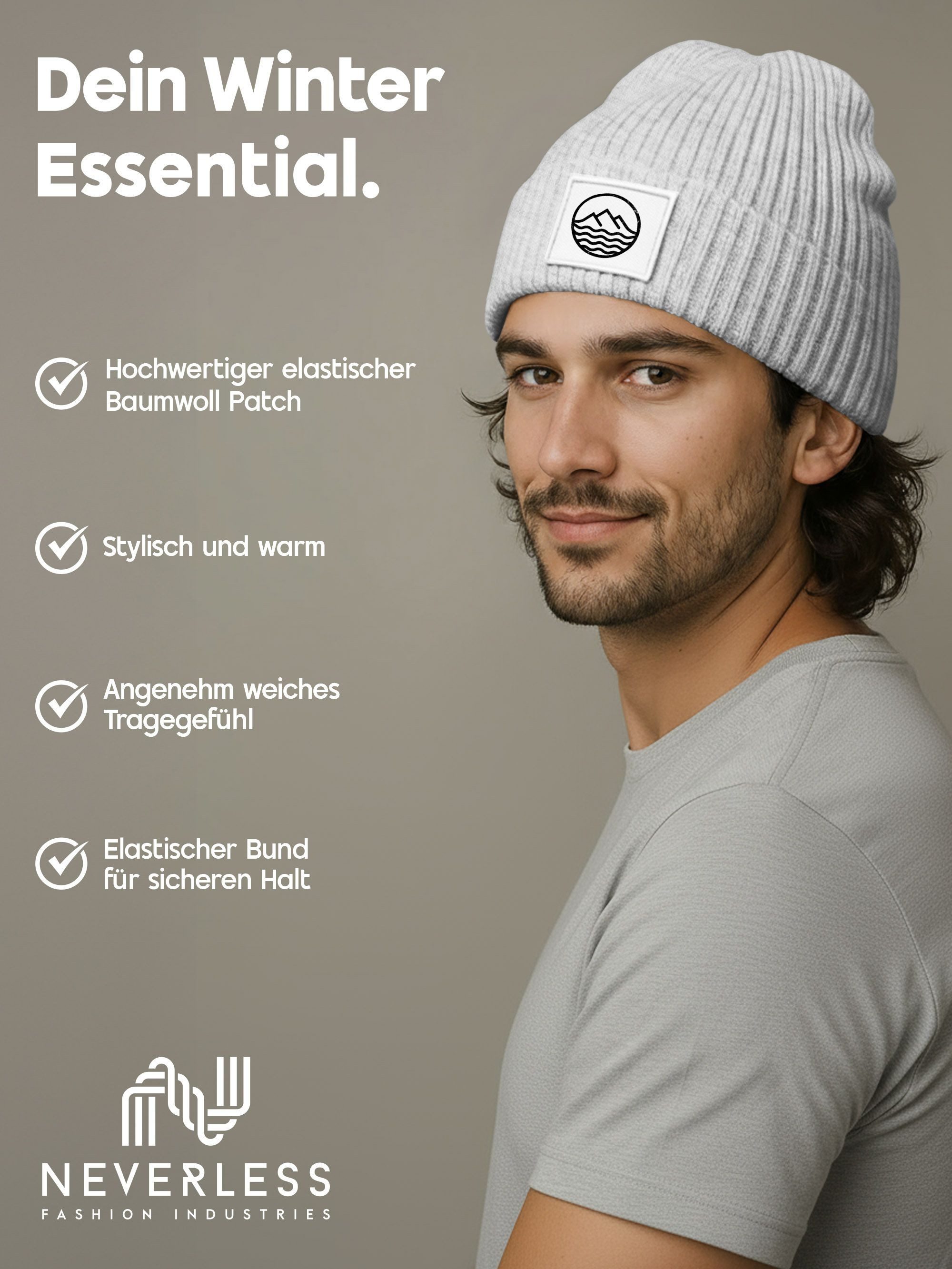 Neverless Strickmütze Herren Beanie Bedruckt Outdoor Design Wintermütze Aufdruck Logo Print