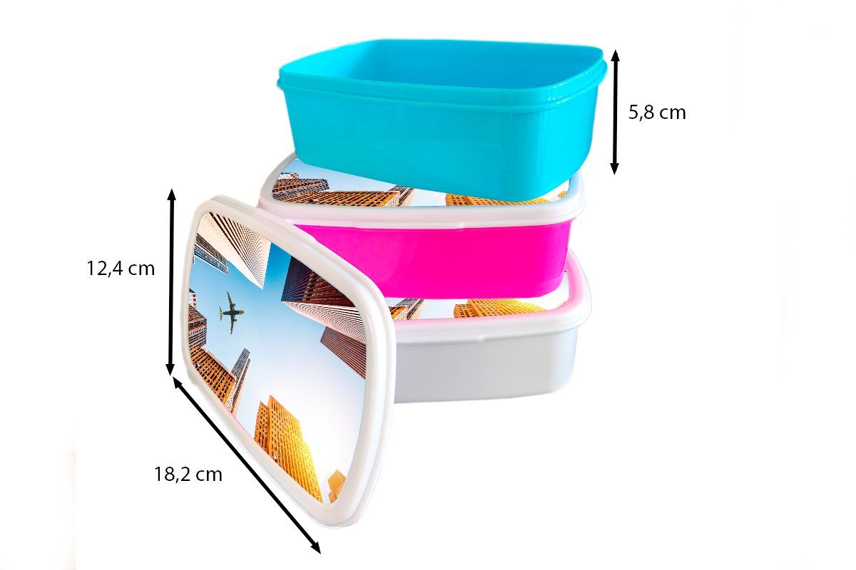Lunchbox zwischen (2-tlg), MuchoWow und Brotbox Mädchen für für Kunststoff, den Wolkenkratzern, Kinder Flugzeuge Brotdose, Erwachsene, weiß und Jungs