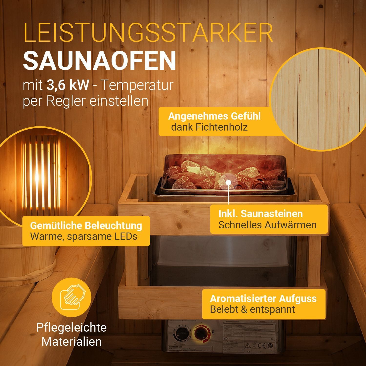 Artsauna Fasssauna Spitzbergen 120, BxTxH: 191 x 120 x 193 cm, für 2 Personen, Fichtenholz, 3,6 kW Elektro-Ofen, Komplett-Set – Bild 4 von 5