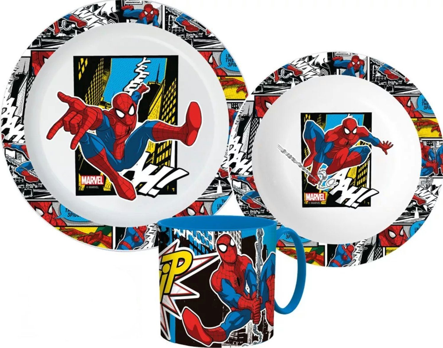 MARVEL Kindergeschirr-Set Spiderman 3 teiliges Frühstücksset Schüssel Teller Becher, Kunststoff