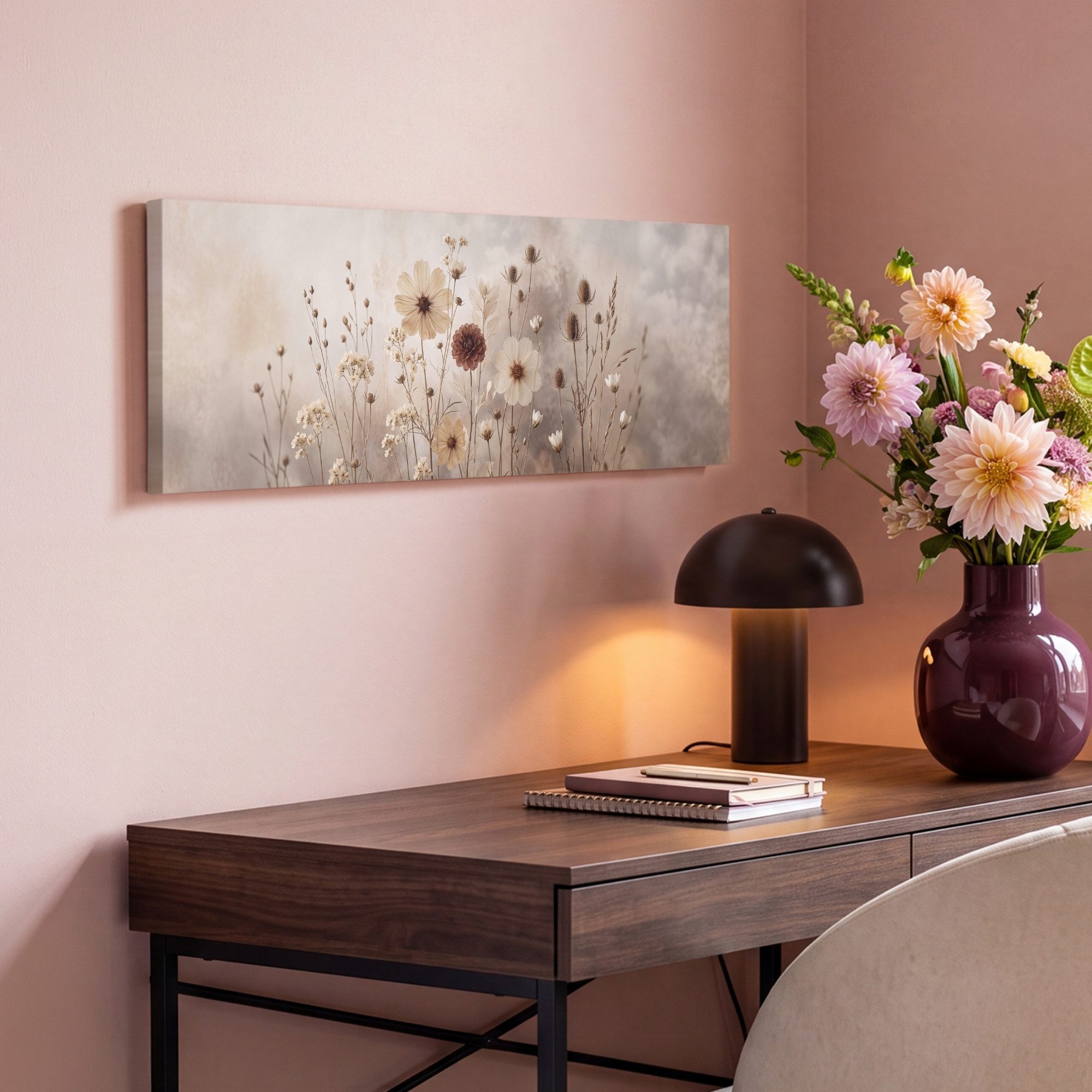 OneMillionCanvasses® Leinwandbild Panorama Wilde Blumen - Botanisch - Vintage - Natur - Rustikal, Fotodruck (1 St), Wandbild, Deko Schlafzimmer Wohnzimmer Flur  – Bild 4 von 5