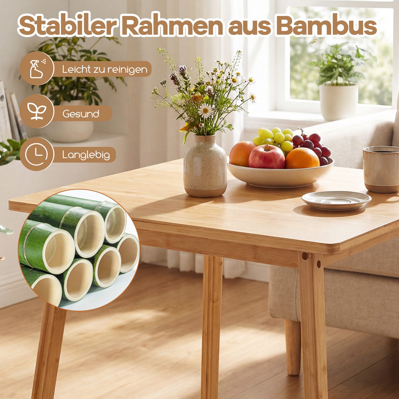 COSTWAY Esstisch, Quadratischer Bambus-Esstisch für 2-4 Personen, 70 cm