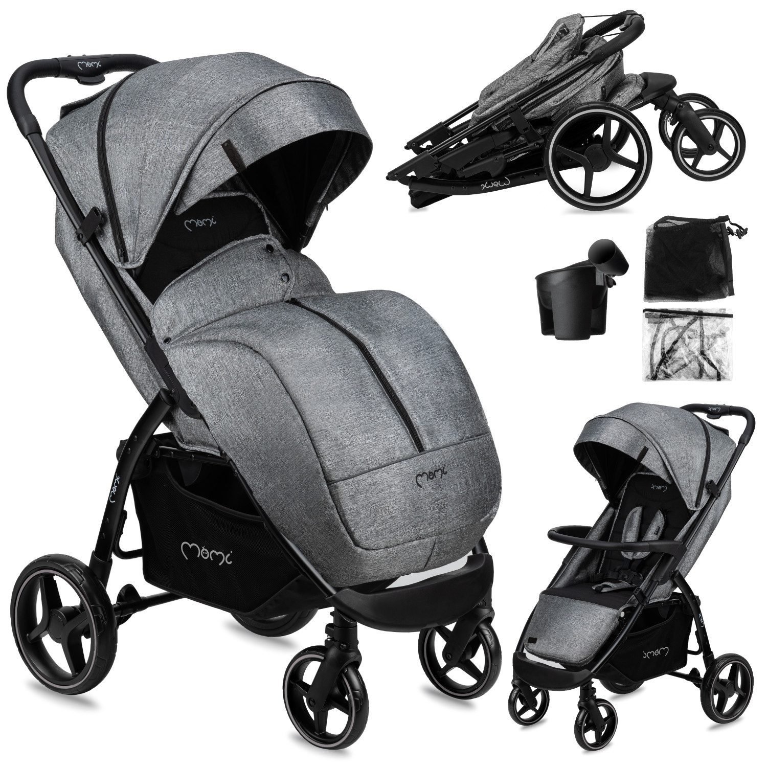 MoMi Kinder-Buggy Miya, (Kinderwagen-Set), Einhand-Faltsystem, große EVA-Räder & XXL-Verdeck
