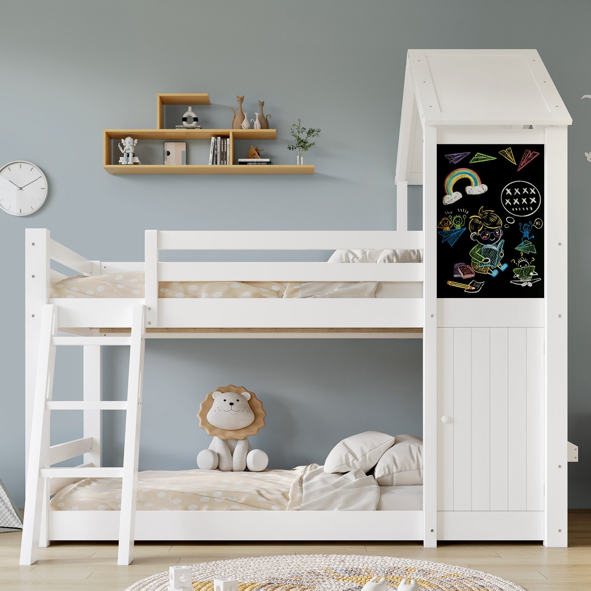 OKWISH Etagenbett Kinderbett Holzbett (mit kleiner Tür, Fenster, Dach, Tafel und stabilen Lattenrosten), schräge Dreistufenleiter, ohne Matratze