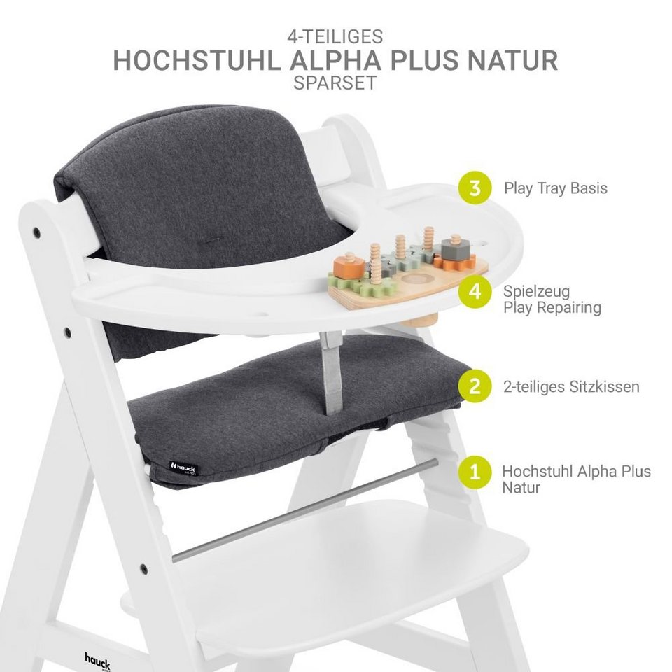 Hauck Hochstuhl Alpha Plus White, Holz Kinderhochstuhl, Sitzauflage & Play  Tray Basis - höhenverstellbar