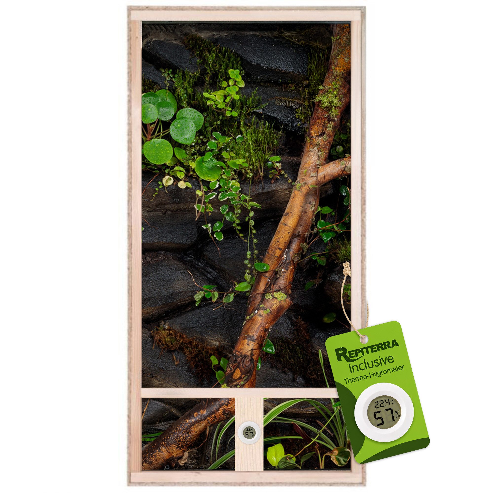 Repiterra Terrarium Hochterrarium hochwertig mit Seitenbelüftung 60x120x60 cm, inklusive Thermo-Hygrometer - Hochwertiges Holzterrarium