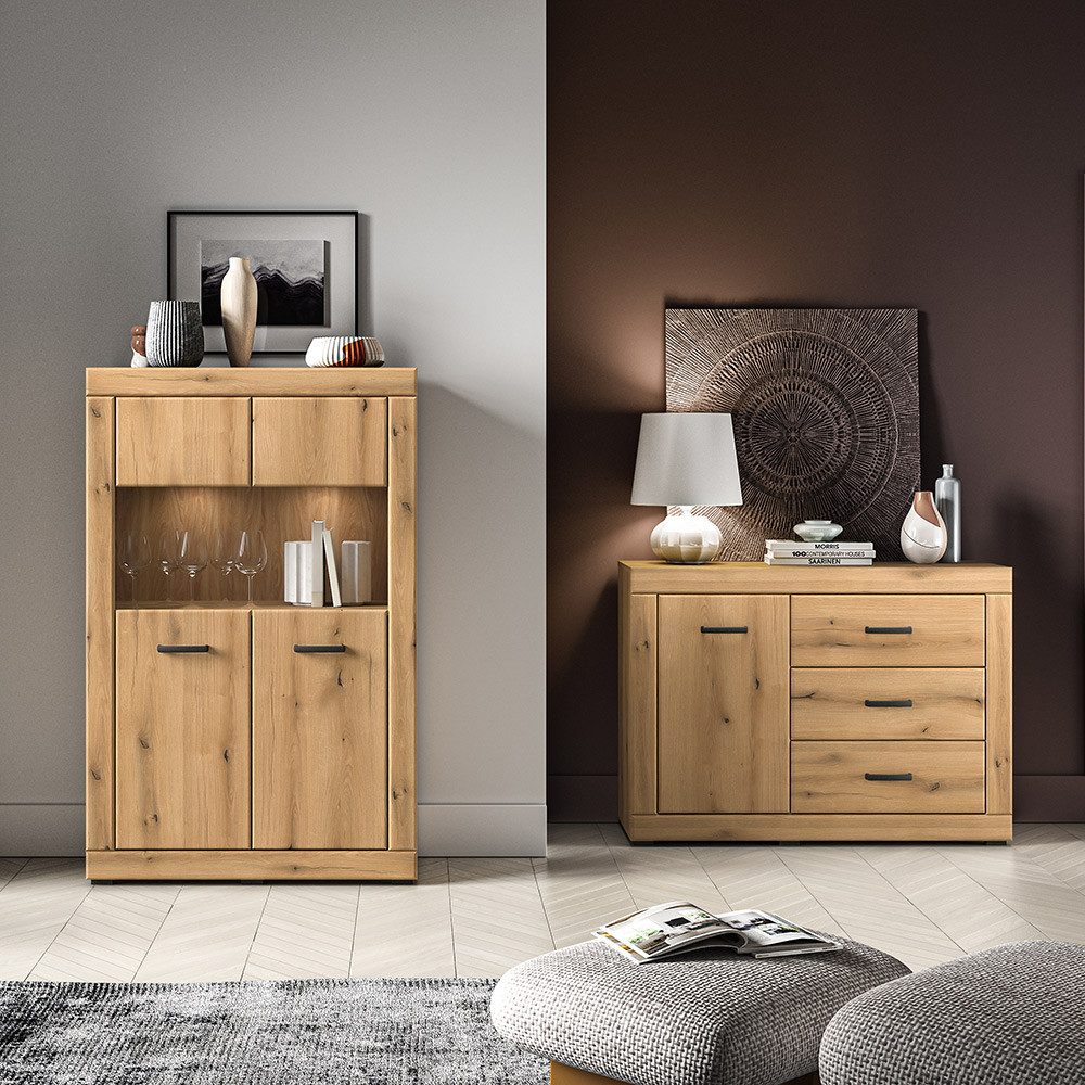 Lomadox Wohnzimmer-Set DAKAR-131, (Mega-Spar-Set, 2-St., Highboard Kommode), in Eiche, inkl. LED-Beleuchtung, modern