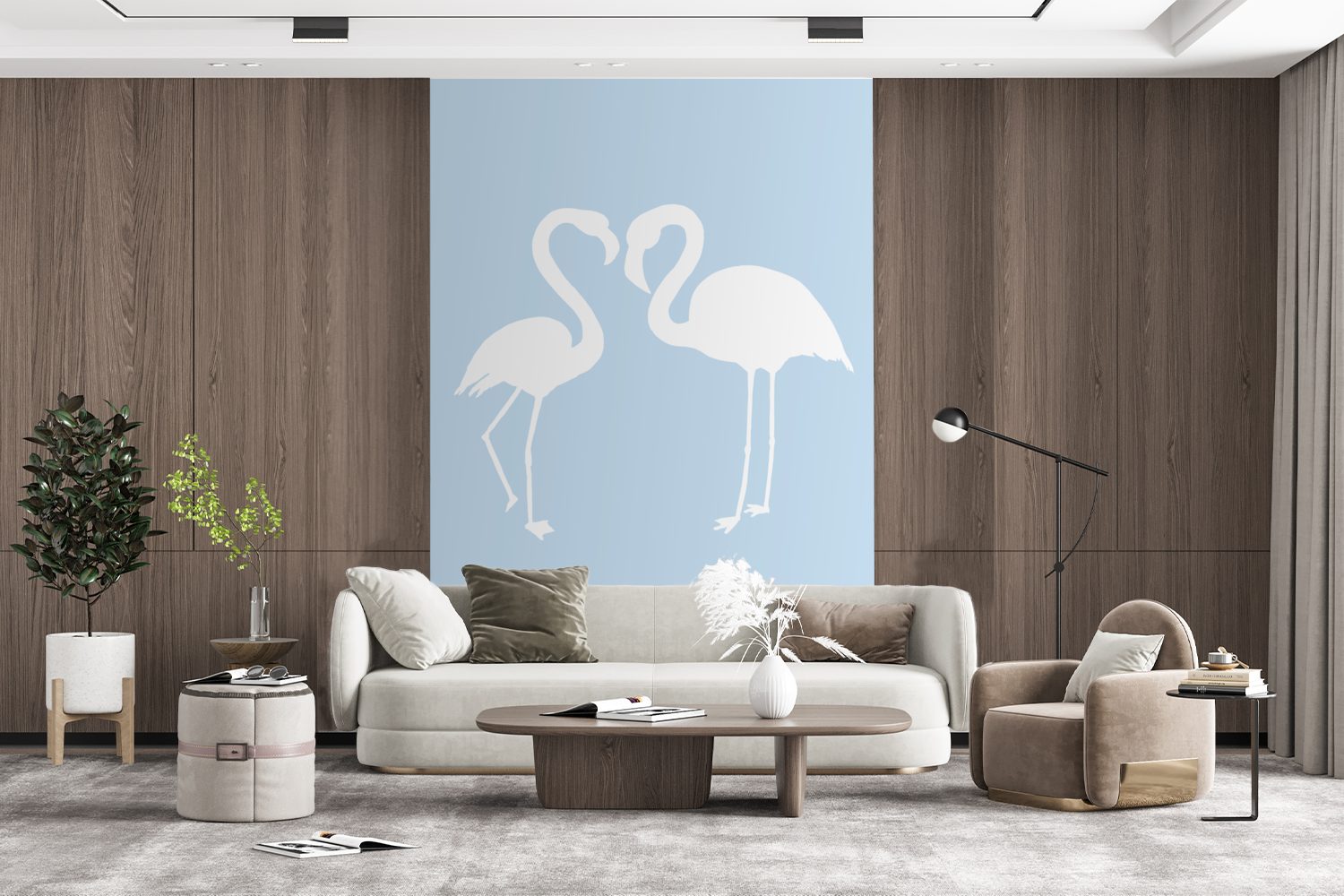 MuchoWow Fototapete - Weiß Scherenschnitt, bedruckt, Matt, Tapete St), Wohnzimmer, Montagefertig für - Wandtapete Vinyl Flamingo (3