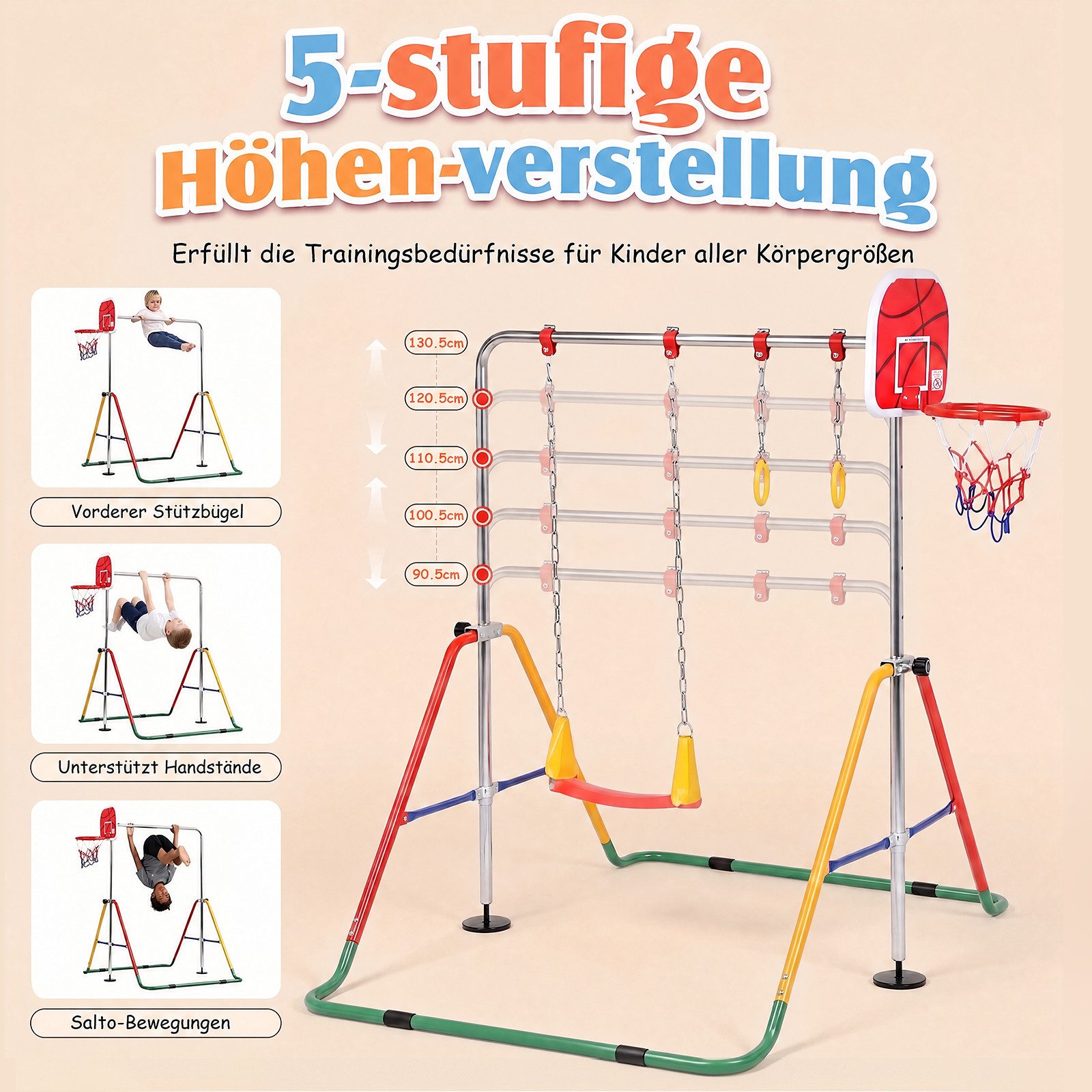 Hausright Turnreck Gymnastikstange Kinder Faltbare Höhenverstellbares Reckstange, (Gymnastikstange, Schaukel, Turnringen & Basketballkorb), Turnreck Indoor Outdoor Horizontale Training Bar Trainingsgeräte