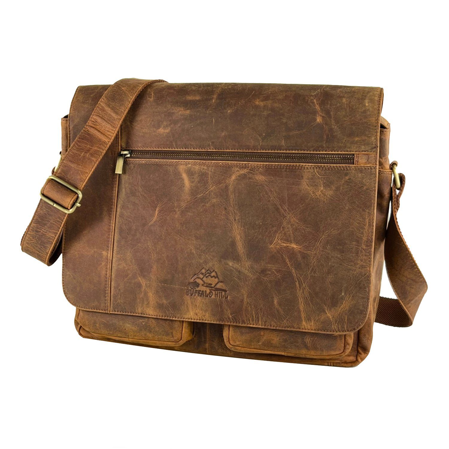 Buffalo Hill Aktentasche >2474< elegante Laptoptasche aus reinem Büffelleder, Organizer, Herren Umhängetasche in naturfarben