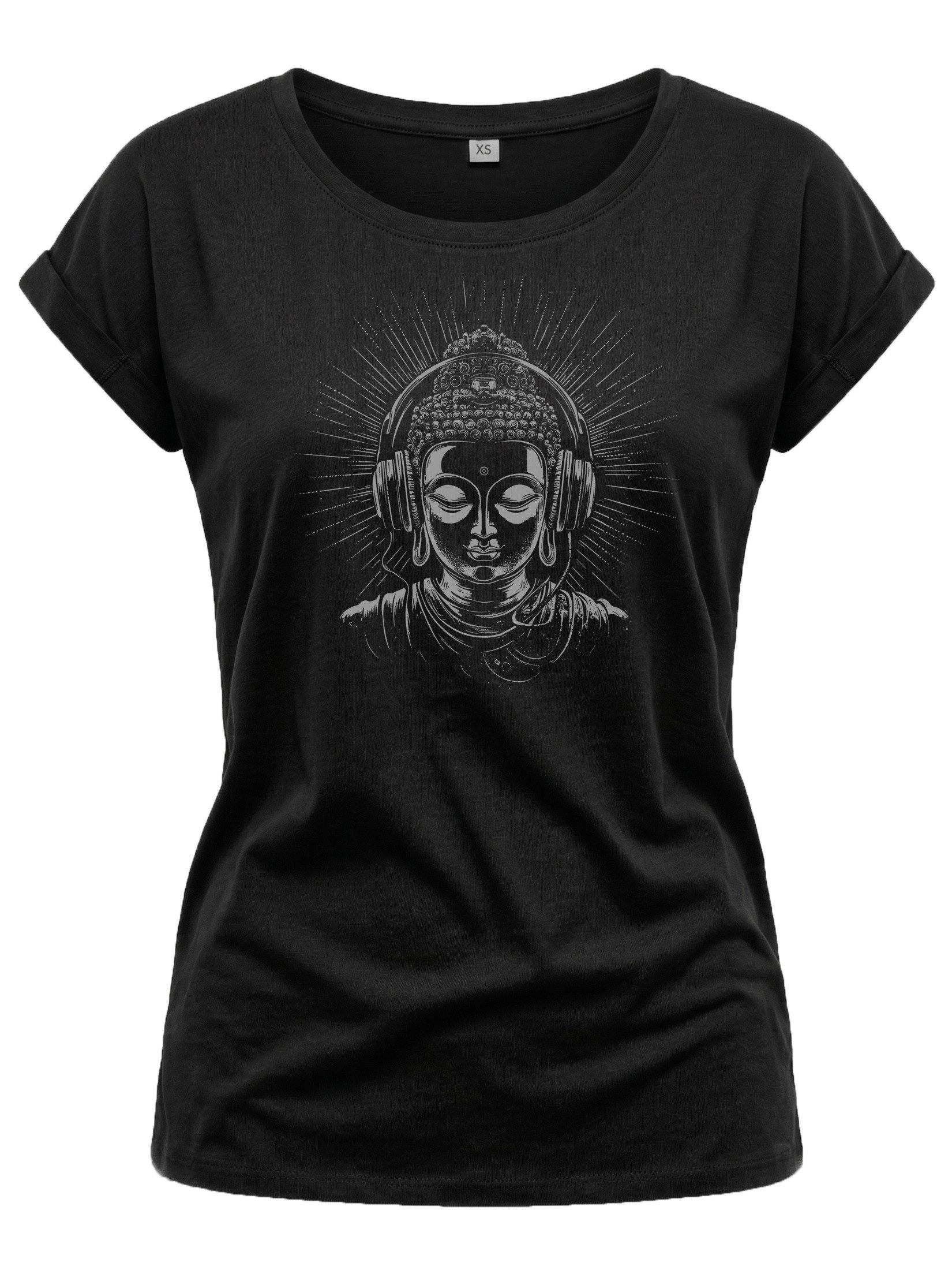 MAKAYA Print-Shirt Damen Buddha Motiv Kopfhörer Yoga Frauen Tops Sportlich Lässig Modern (Schwarz, Blau, Grau, 34, 36, 38, 40, 42, 44, 46, 48, 50) aus Baumwolle