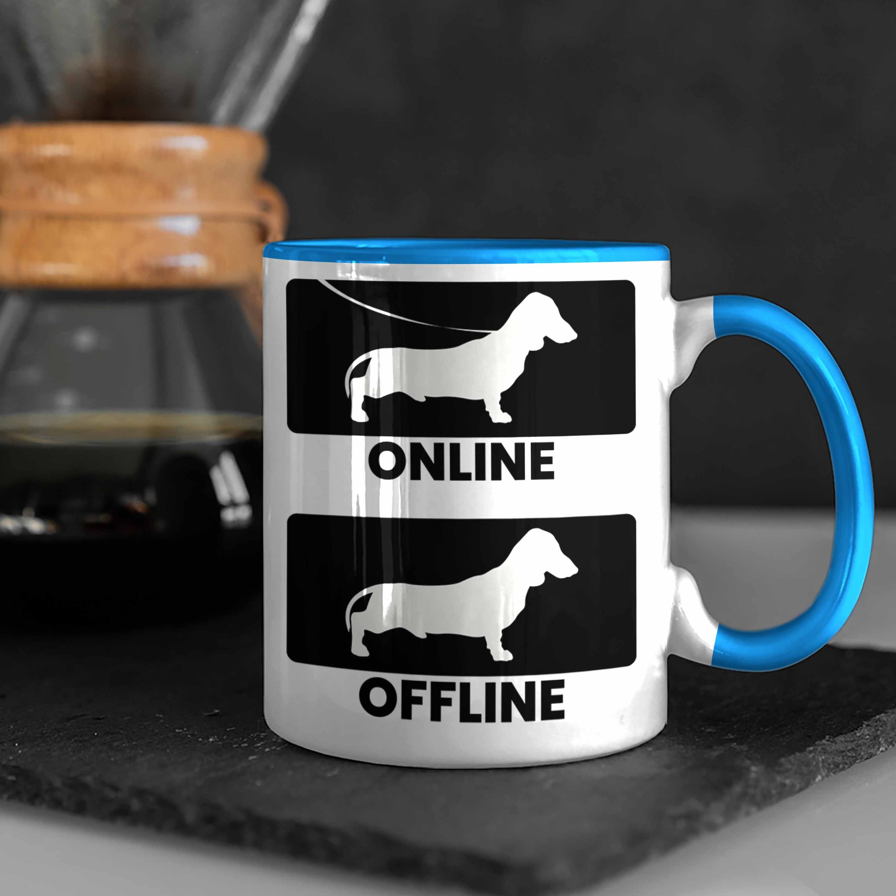 Tasse Dachshund Lustig Online Dackel Offline Trendation Blau Tasse Geschenke Rauhaardackel