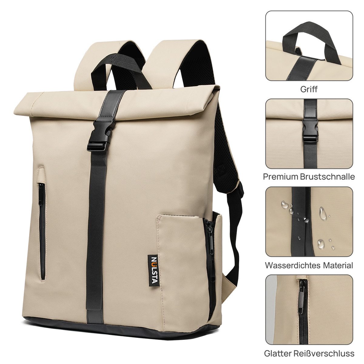 NULSTA Rucksack Rolltop Rucksack Wasserdicht Damen & Herren Daypack Freizeitrucksack, 30*15*40cm,Cityrucksack,Tourenrucksack,Schulrucksack