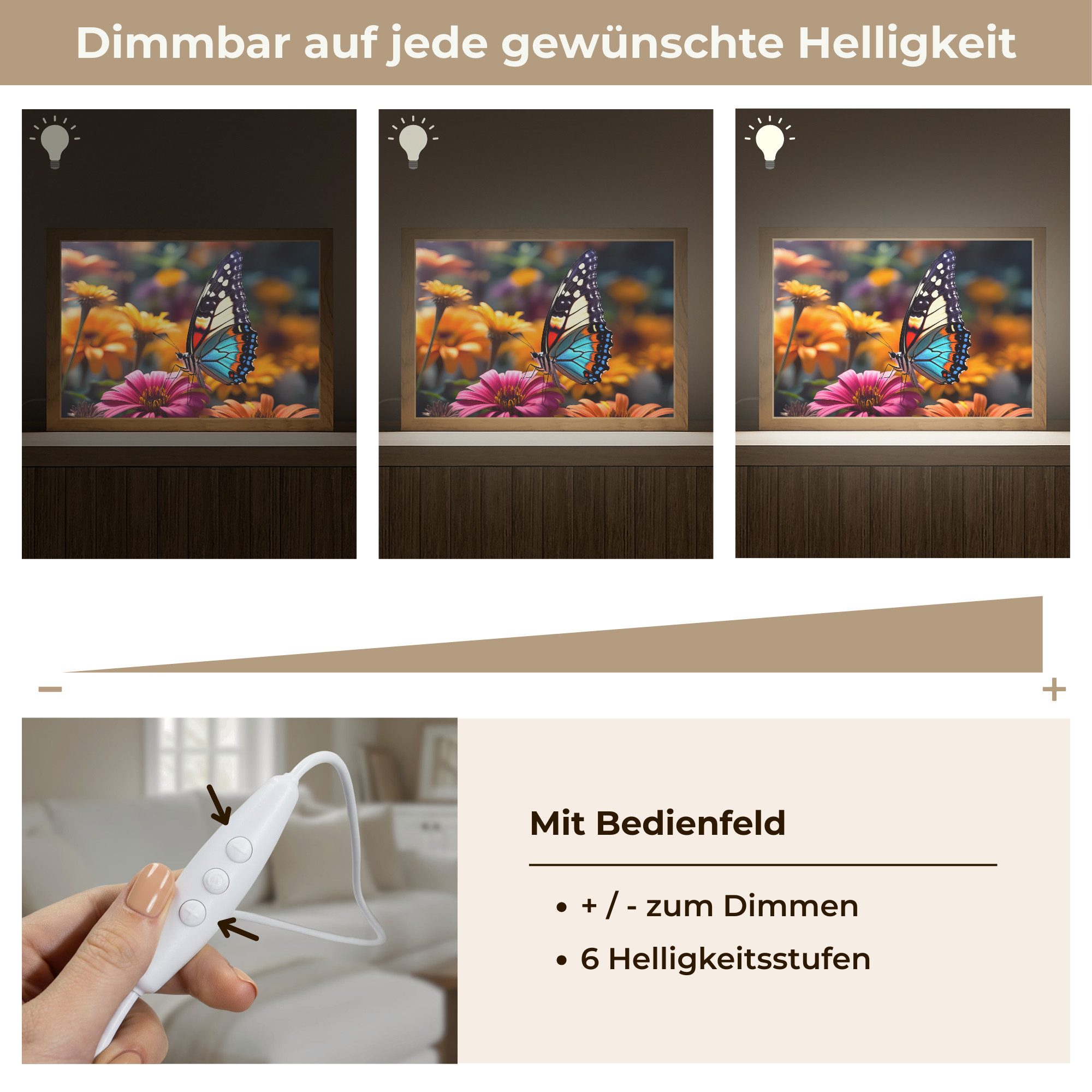 OnlyWow Wandleuchte Lightbox Schmetterling - Tier - Bunt - Blumen - Natur, Dimmbar, Farbwechsel, LED, Warmweiß, Kaltweiß, Neutralweiß Einstellbar, Wandlampe Innen, Dimmbar, mit Kabel, LED, Modern, Schlafzimmer