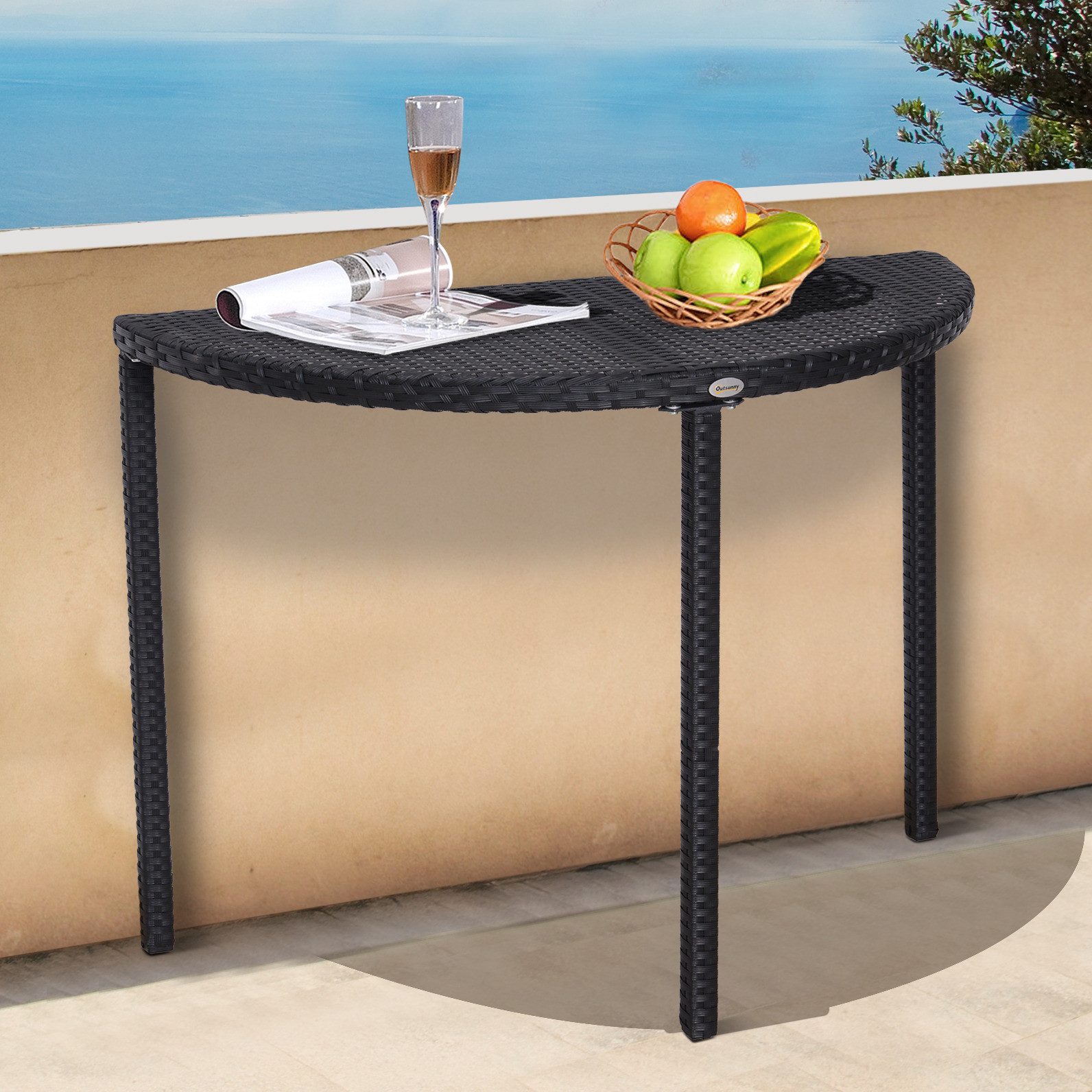 OKWISH Gartentisch Halbrunder Balkontisch 100x50x74 cm Schwarz Polyrattan Metall (Packung, 1-St., Moderner Outdoor Tisch aus Polyrattan, platzsparendes Design), Garten Beistelltisch für Balkon & Terrasse, stabile Konstruktion