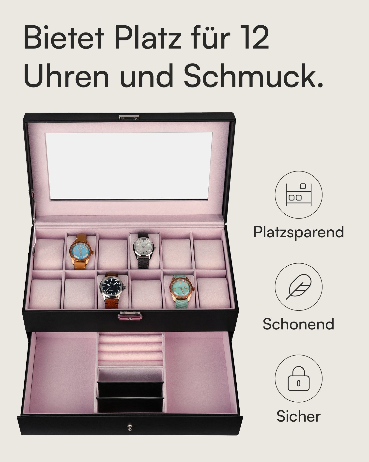 shelfmade Uhrenbox Uhren Aufbewahrung Uhrenbox Uhrenkoffer Uhrenkasten "Zürich", schwarz – Bild 3 von 5