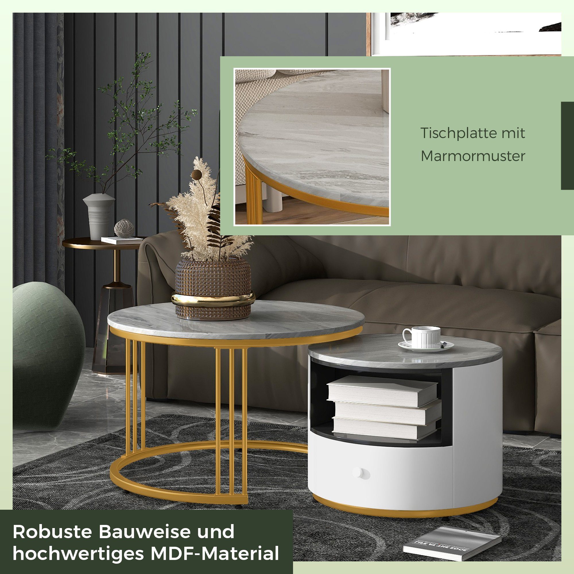 BOTC Couchtisch 2er Set Rund Wohnzimmer Metallgestell, Tisch Optik Rund Gold Weiß mit Marmor