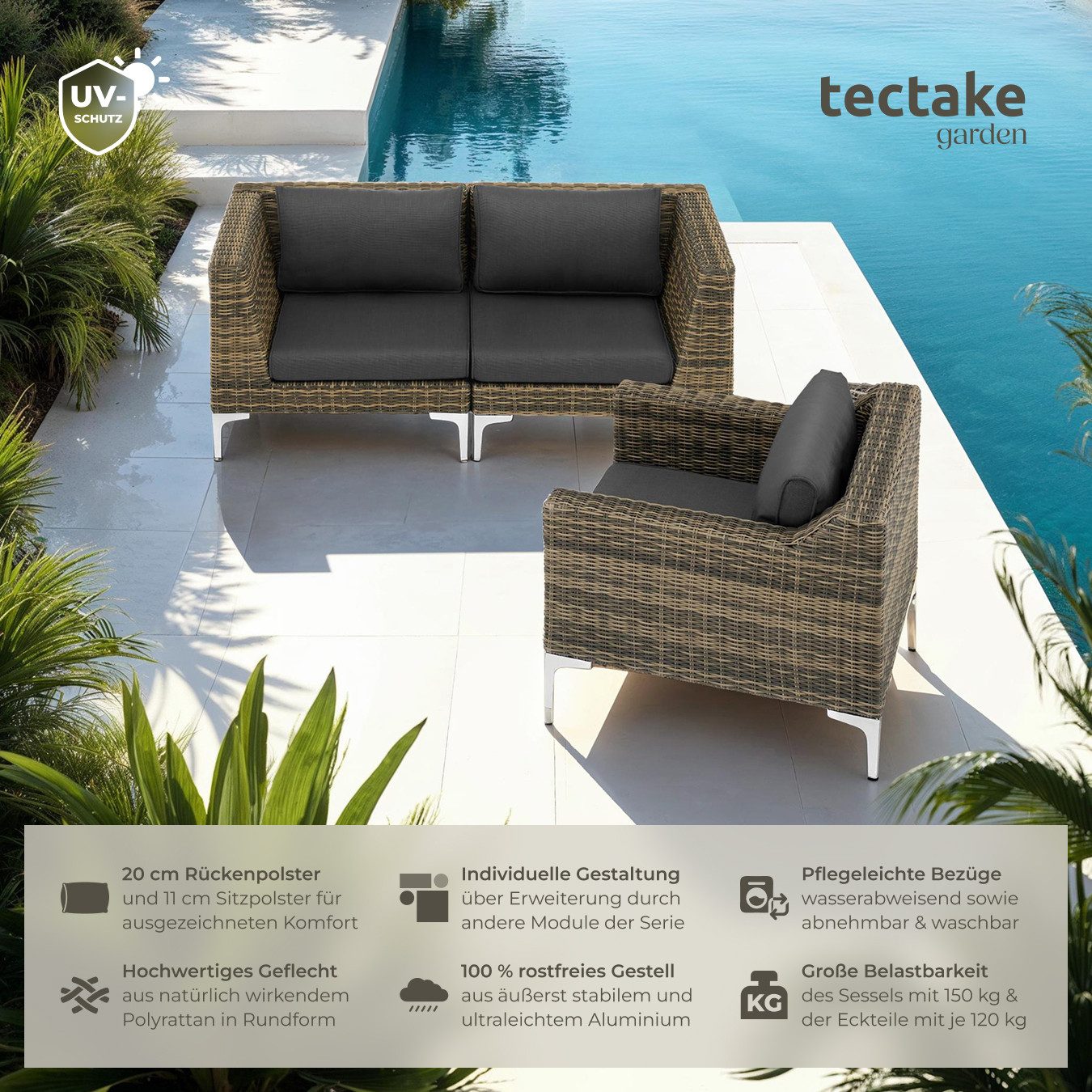 tectake Sitzgruppe Modulares Rattanset, (Set), Stabiler und belastbarer Rahmen aus leichtem und rostfreiem Aluminium