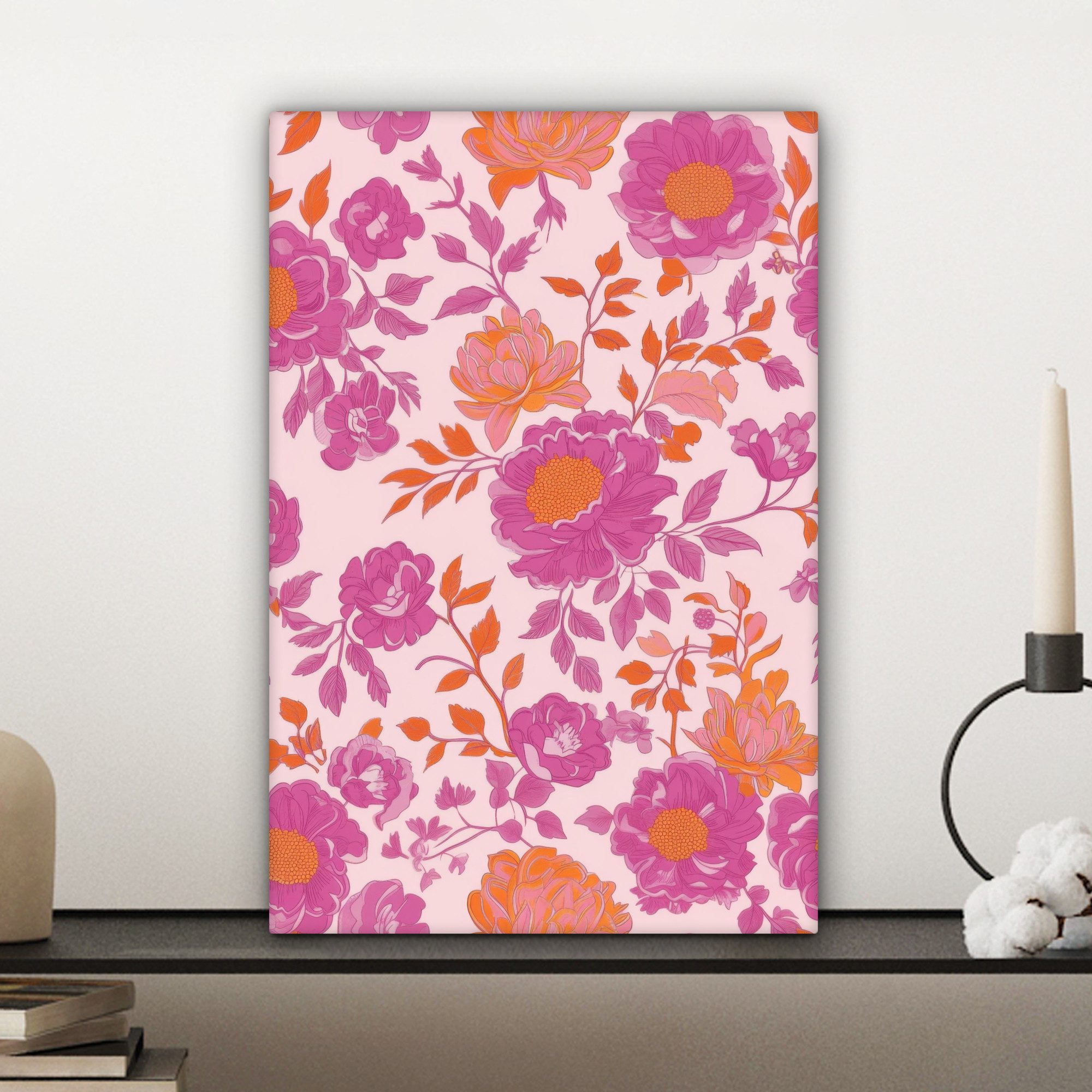 OneMillionCanvasses® Leinwandbild Florales Muster - Rosa - Orange - Blumen, Fotodruck (1 St), Leinwand Canvas Wandbild, Wanddekoration 20x30 cm