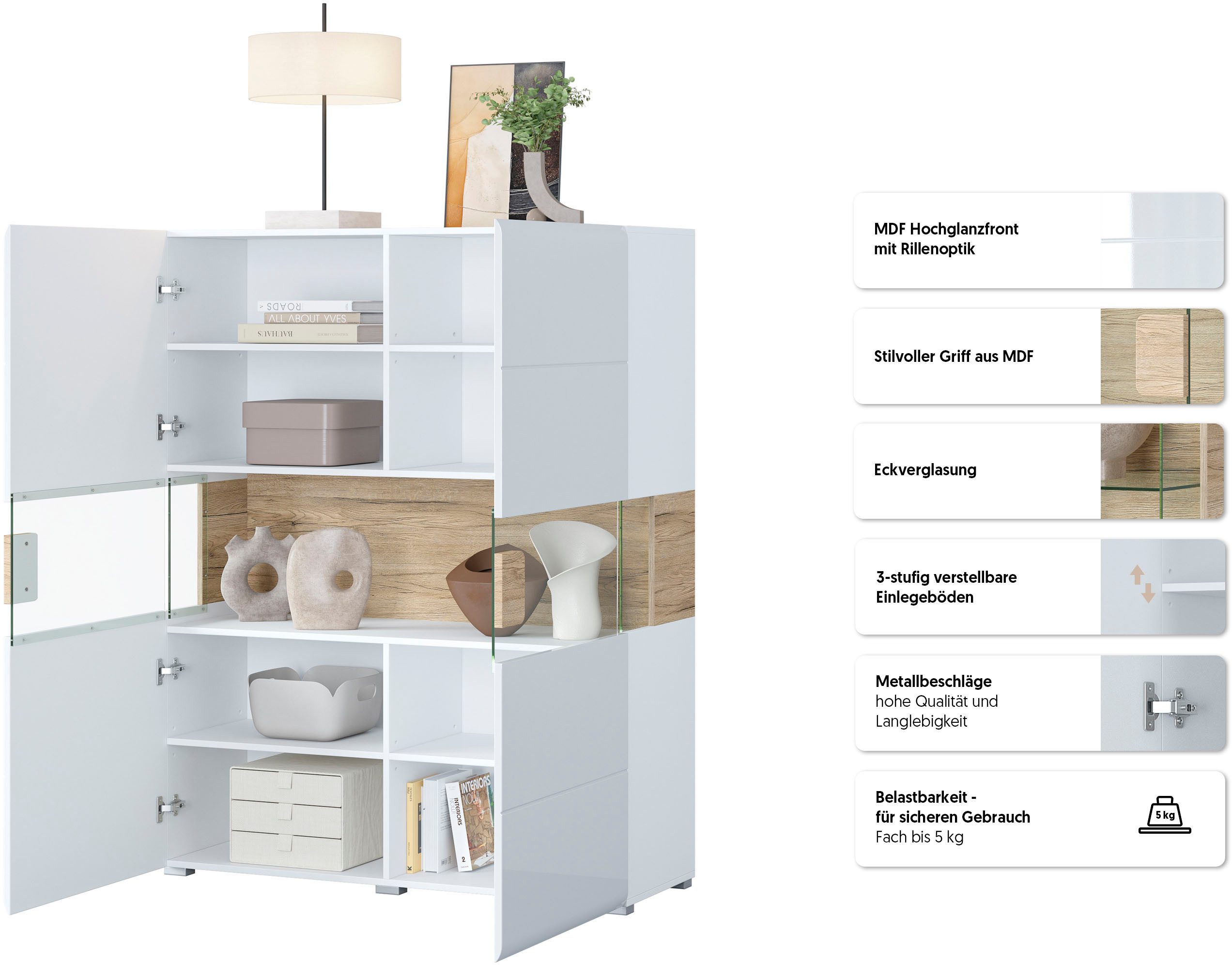 OTTO home Highboard Toledo,Breite 121,5 cm, trendige Hochkommode mit 2 Türen, Hochschrank mit Glas-Partien,stylische Hochglanzfronten