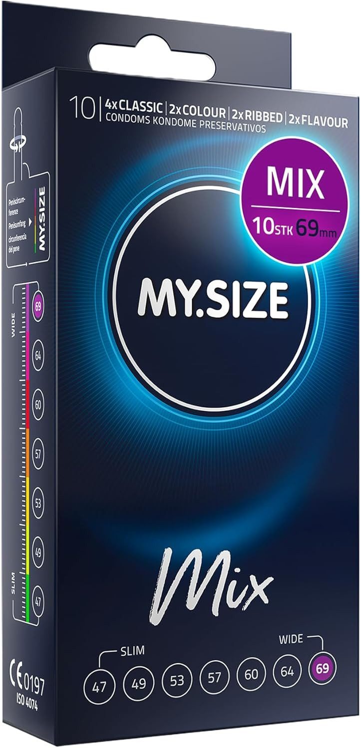 MY.SIZE Kondome Mix, gemischte Kondome in individueller Passform, blaue, rote mit Erdbeeraroma, gerippt, classic