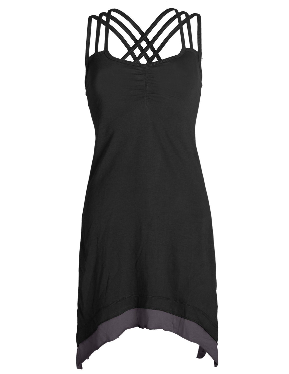 Vishes Sommerkleid Hippie, Lagenlook Boho schwarz mit Elfen, Cotton Organic Style Trägerkleid Zipfeln
